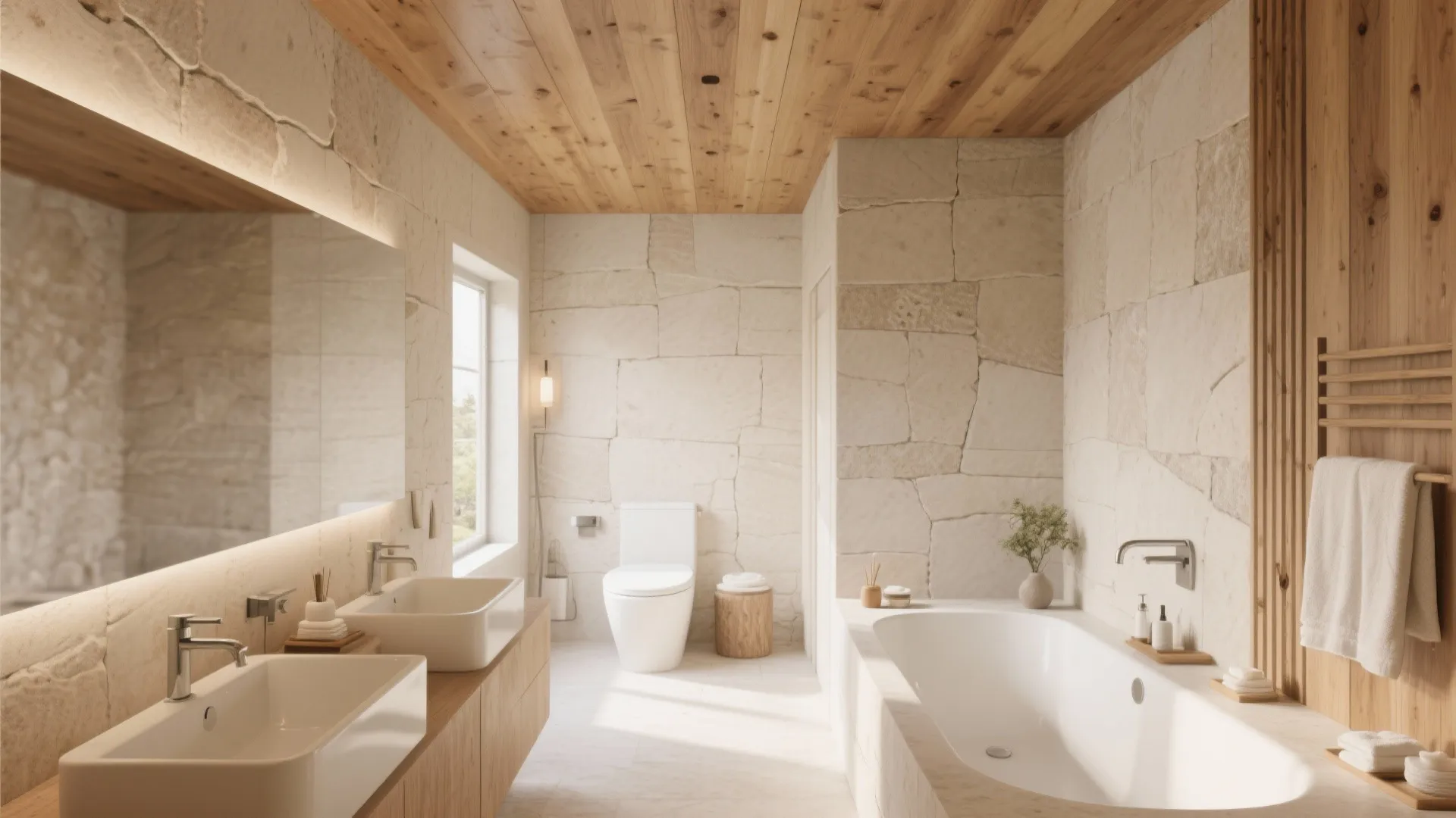 Natural bathroom with stone walls wood ceiling white bathtub toilet and double sinks with large mirror