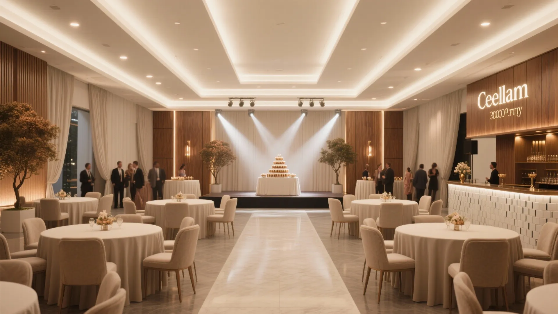 Large event hall with round tables beige chairs white tablecloths stage spotlight and warm indoor lighting