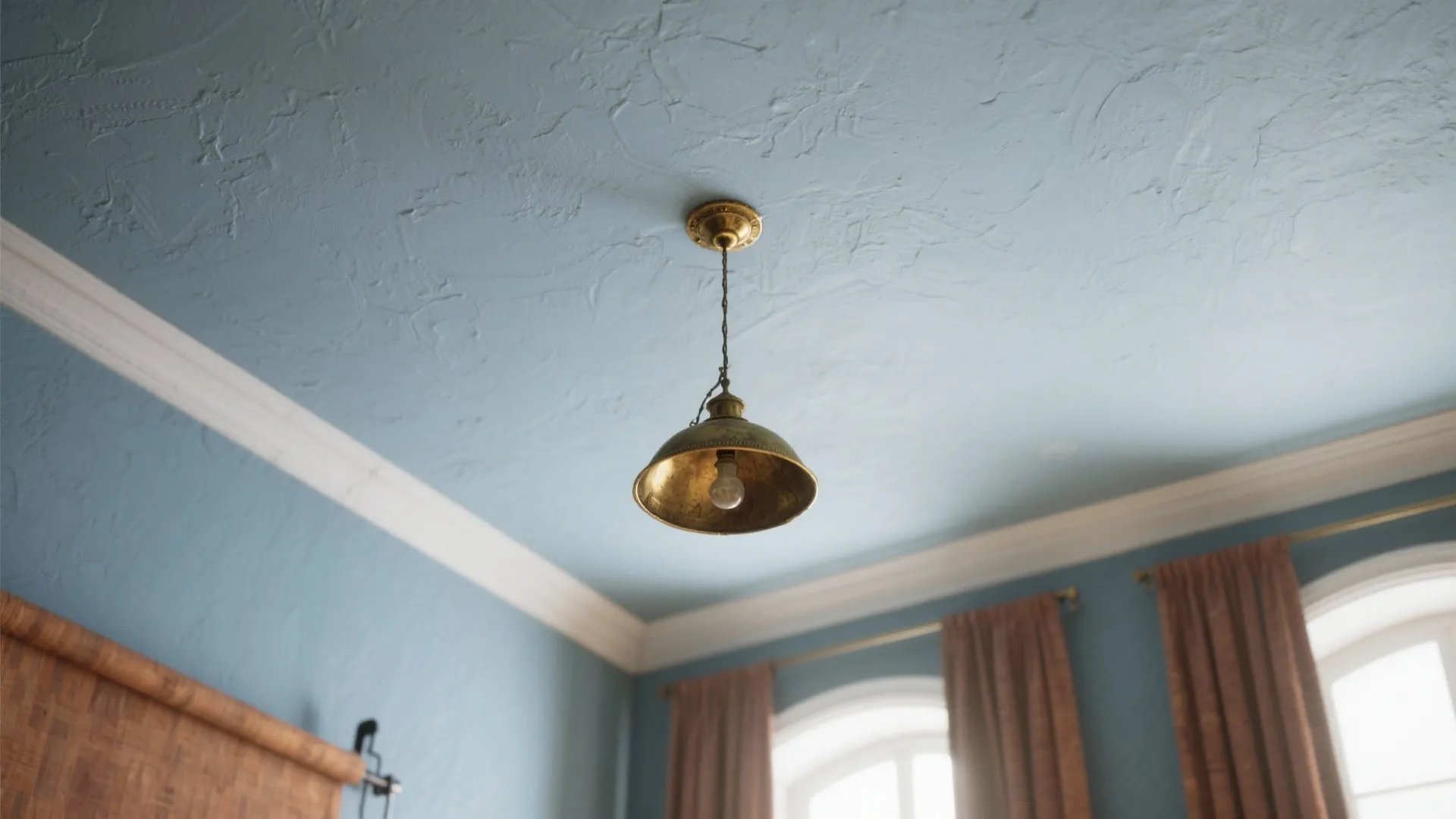 Studio interior showing a soft blue-grey ceiling with brass pendant and warm textiles below.