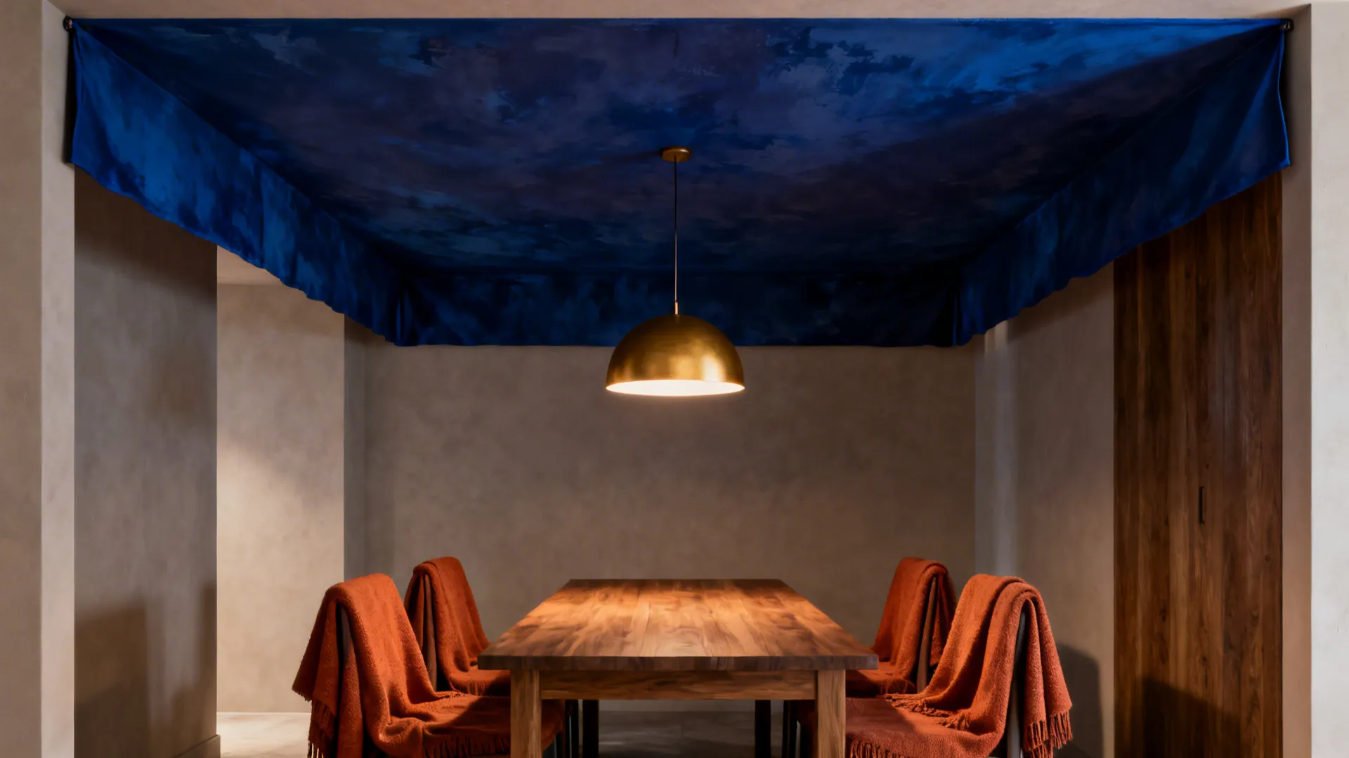 Dining alcove with deep indigo painted ceiling and warm terracotta accents over the table.