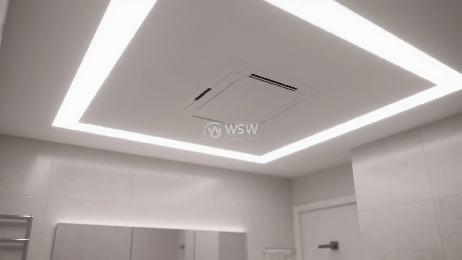 White bathroom ceiling with square light fixture surrounding a small central access panel and vent