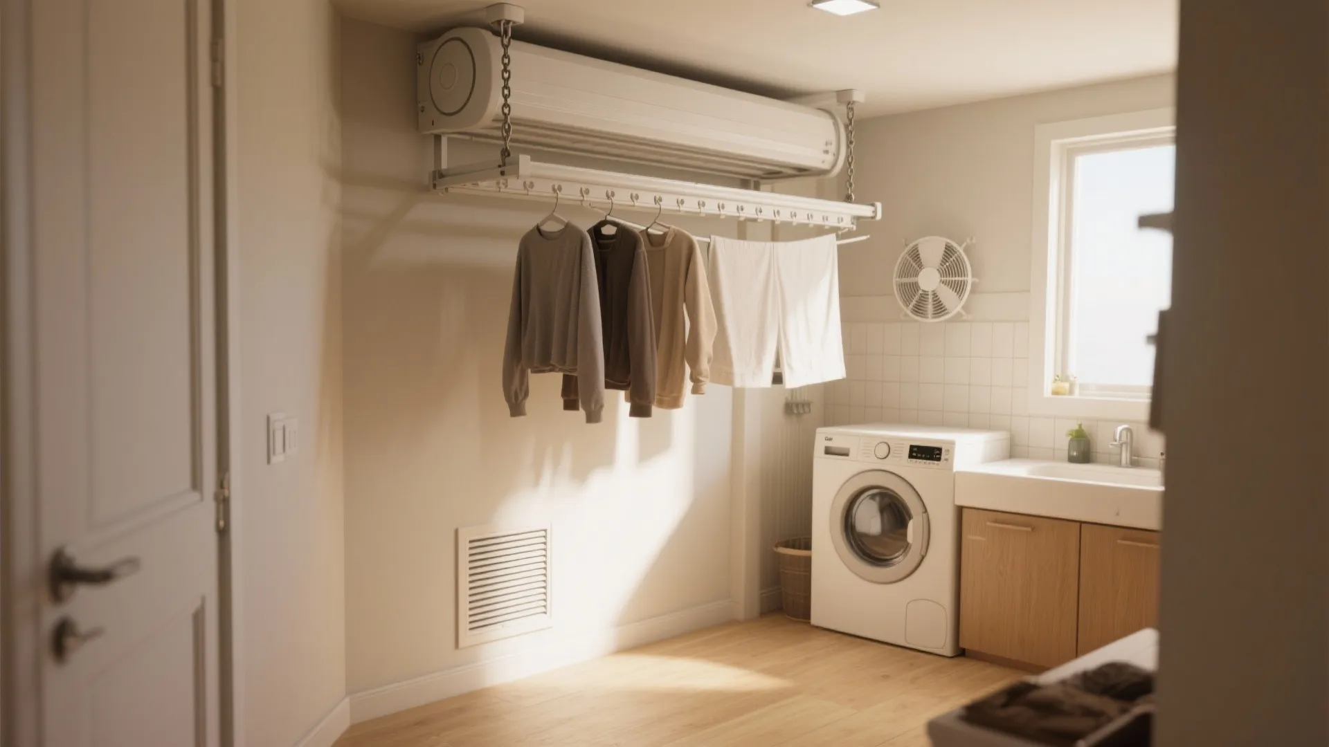 Modern laundry room featuring a ceiling clothes drying rack hanging over a white washing machine