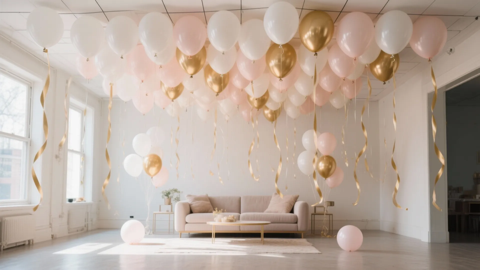 Ceiling Balloon Canopy + Ribbon Drops