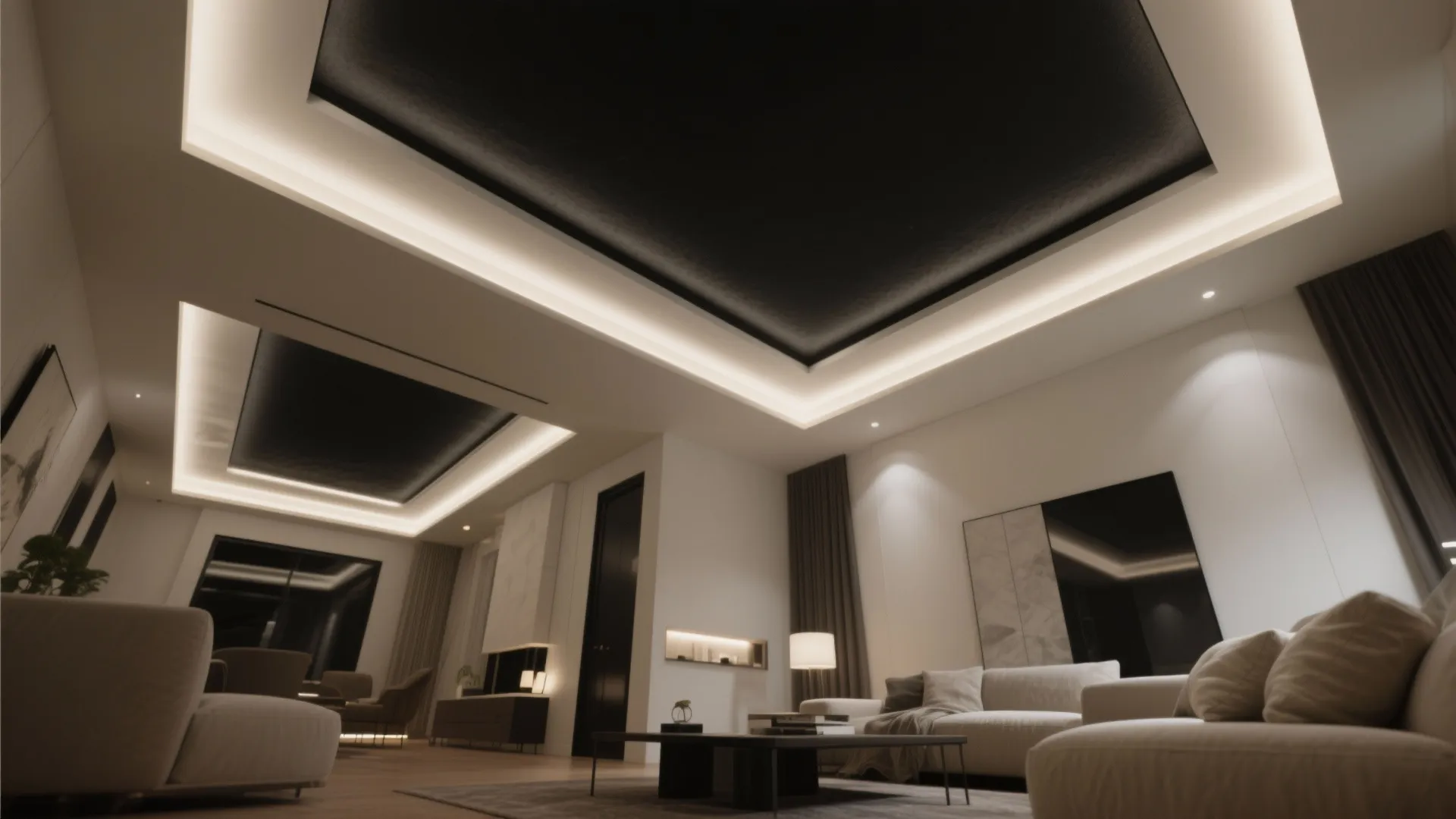 Modern luxury living room interior design featuring black tray ceiling with hidden warm light fixtures