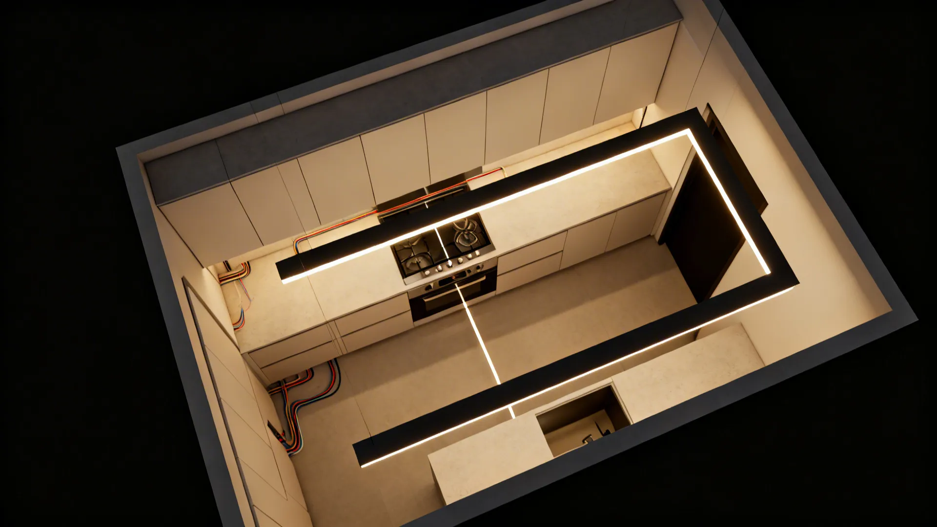 Top-down view of ceiling bands mapping lighting zones in a galley kitchen.