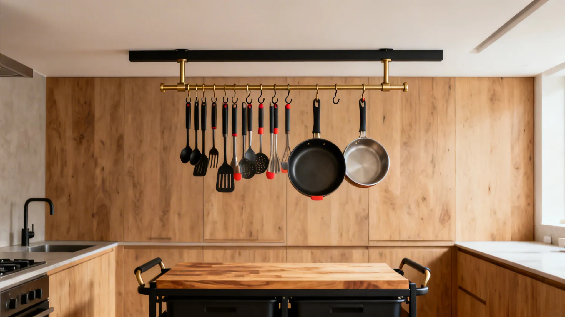 Slim ceiling-mounted bar over a butcher-block cart holds utensils and light pans.