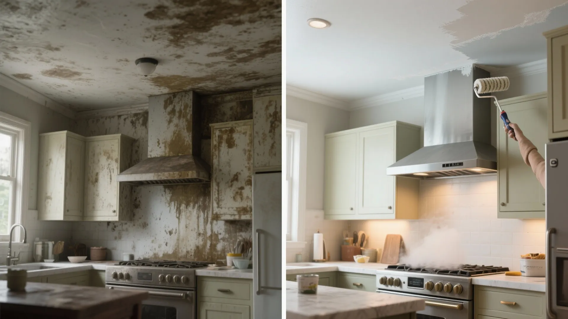 Before-and-after kitchen ceiling comparison showing stained ceiling vs durable ceiling-specific paint finish.