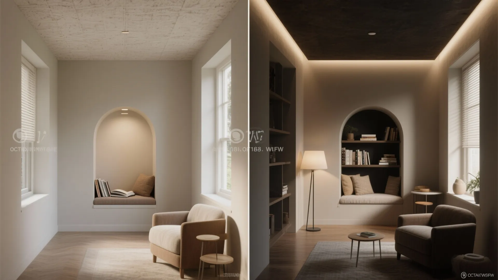 Before and after comparison showing natural lighting versus warm hidden ceiling lights in a cozy room