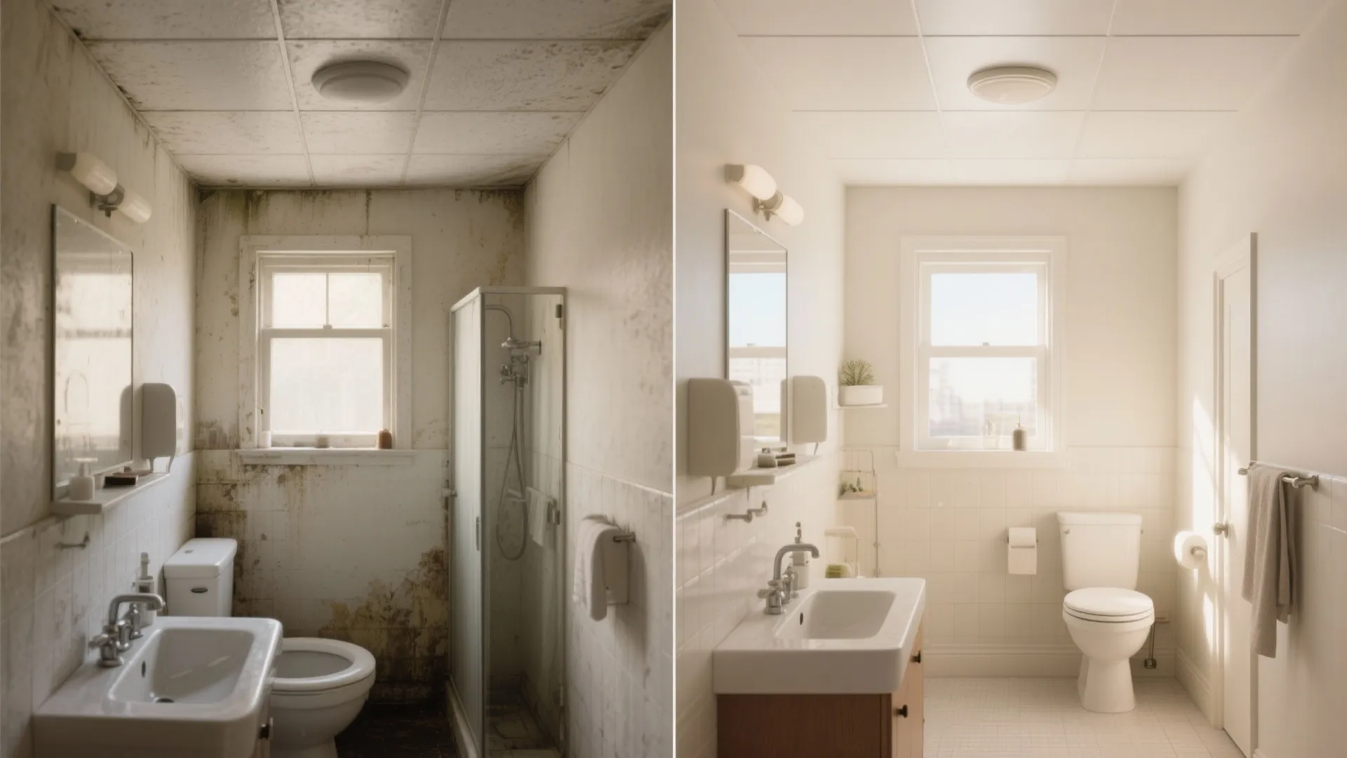 Before and after comparison of an old dirty bathroom versus a clean bright white bathroom