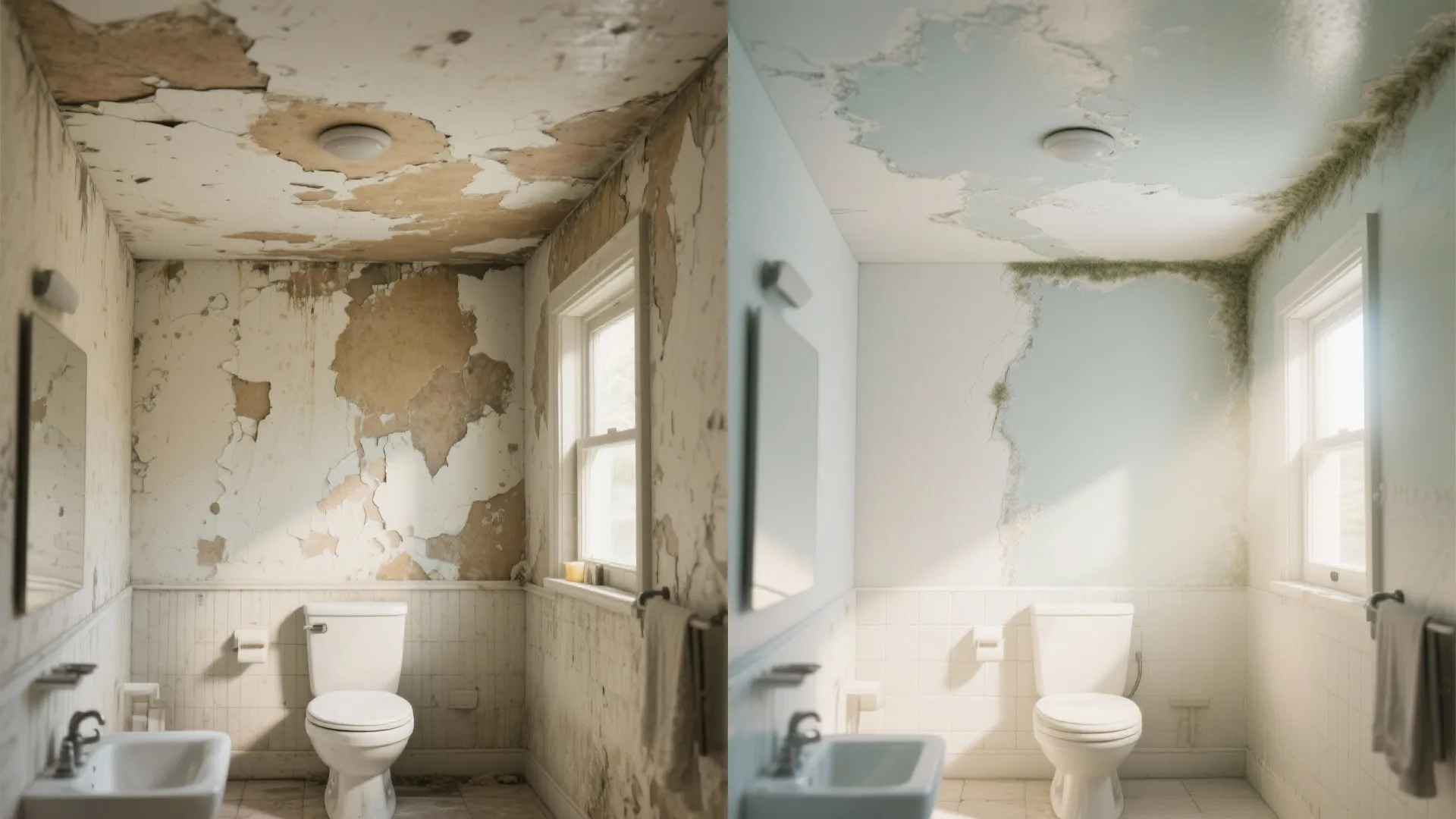 Before and after comparison of damaged bathroom walls showing peeling paint versus fresh blue paint