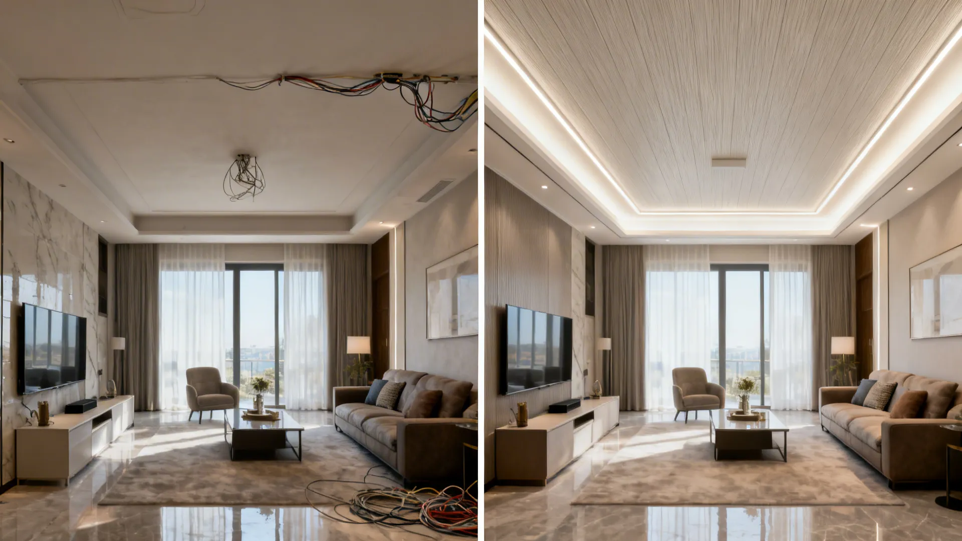 Before-and-after comparison of a living room ceiling upgraded with PVC panels and integrated LEDs.