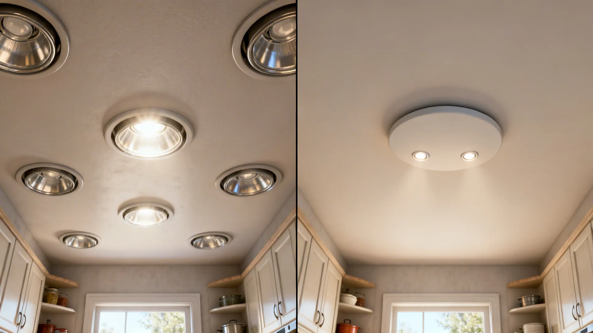 Before-and-after comparison showing many recessed cans versus a calm setup with a flush mount and two small downlights.