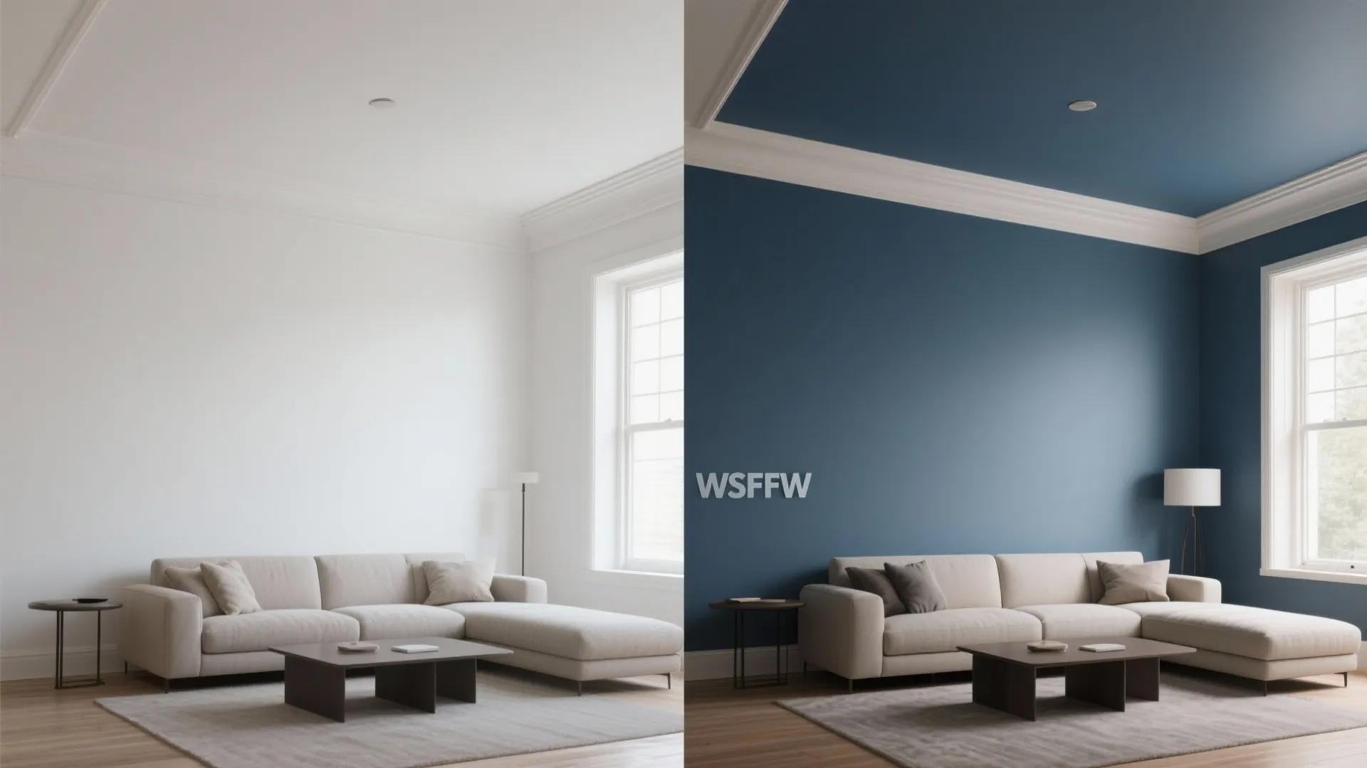 Before and after comparison of a white living room versus a bold blue painted interior