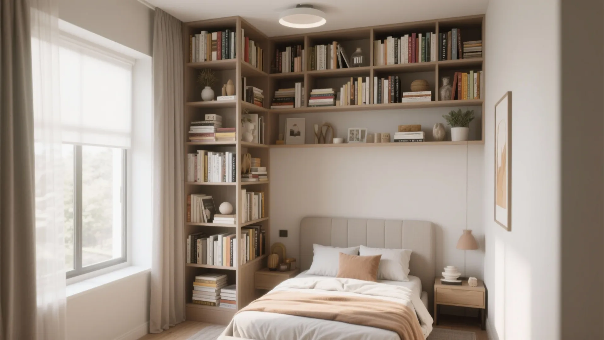 Modern bedroom featuring a wooden corner bookcase wall with books next to a small bed
