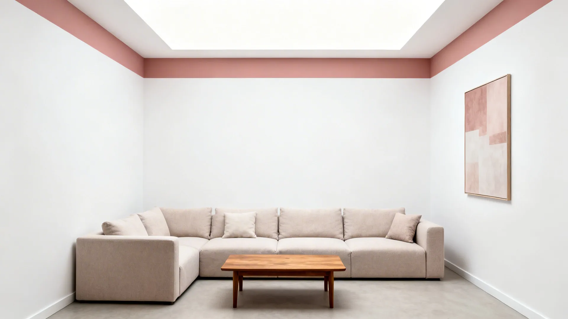 Living room with a muted clay pink band wrapping onto the ceiling
