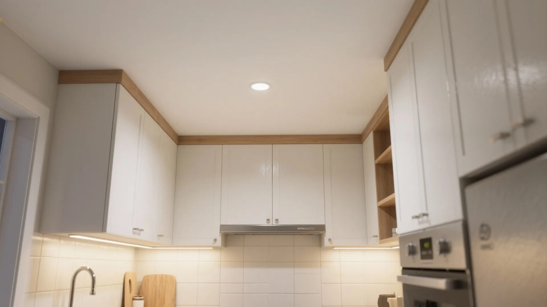 White kitchen cabinets with wooden trim featuring under cabinet lighting and a small ceiling light