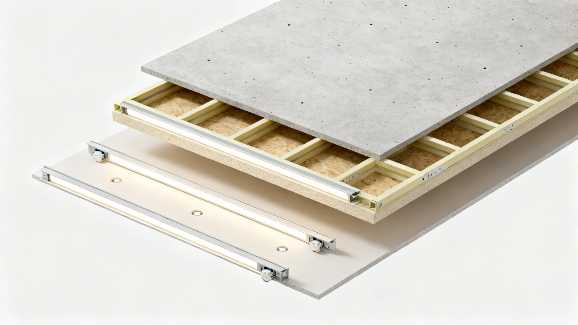 Interior design drawing showing concrete slab wood frame and ceiling panels with built-in light fixture