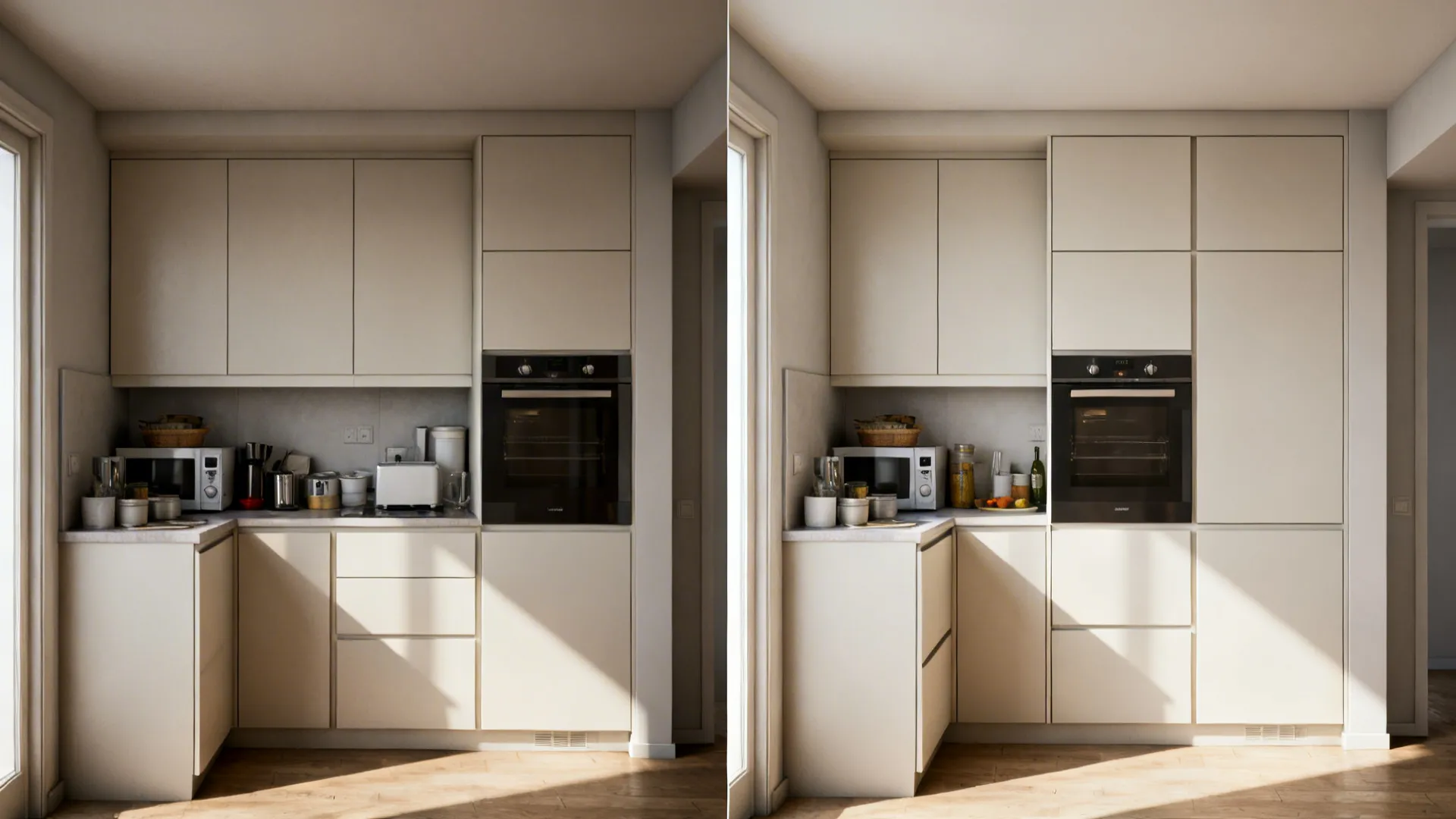 Before-and-after of a small kitchen transforming from standard cabinets to ceiling-height integrated cabinetry.