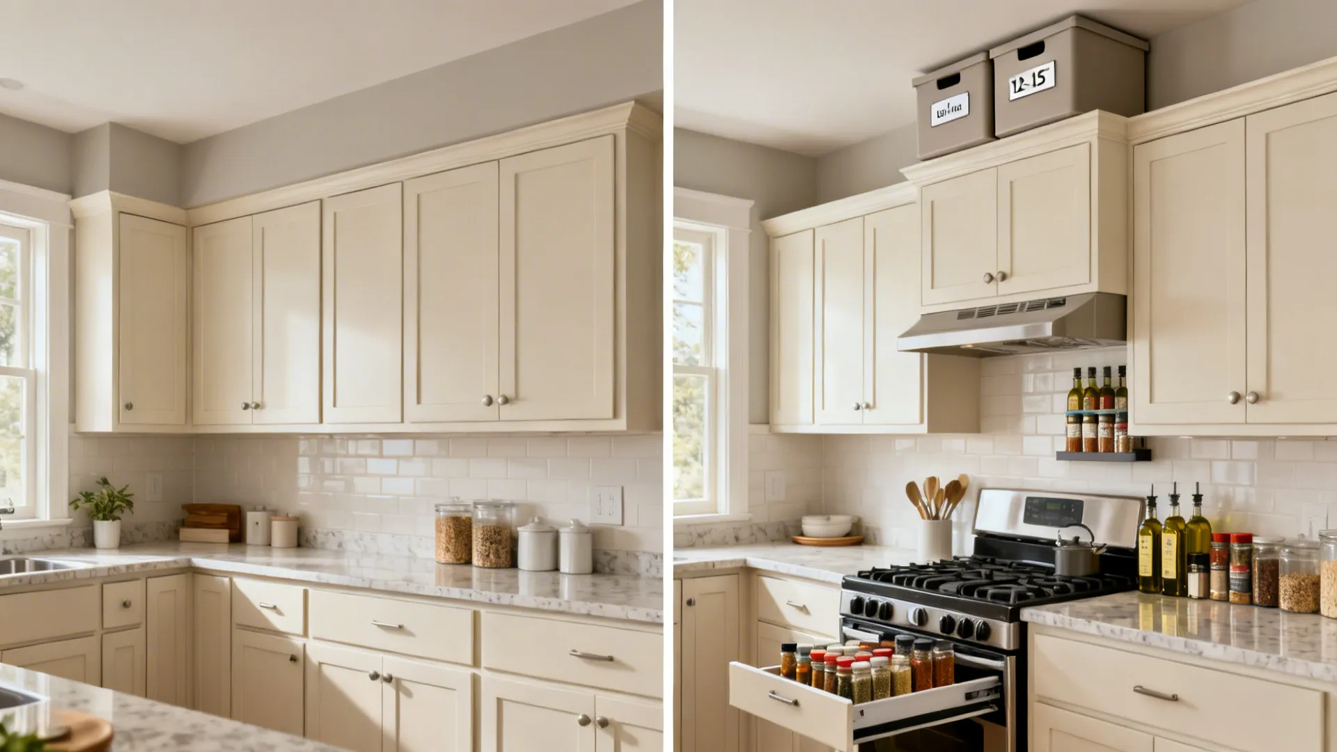 Before-and-after showing ceiling-high cabinets and a slim pull-out organizer by the range.