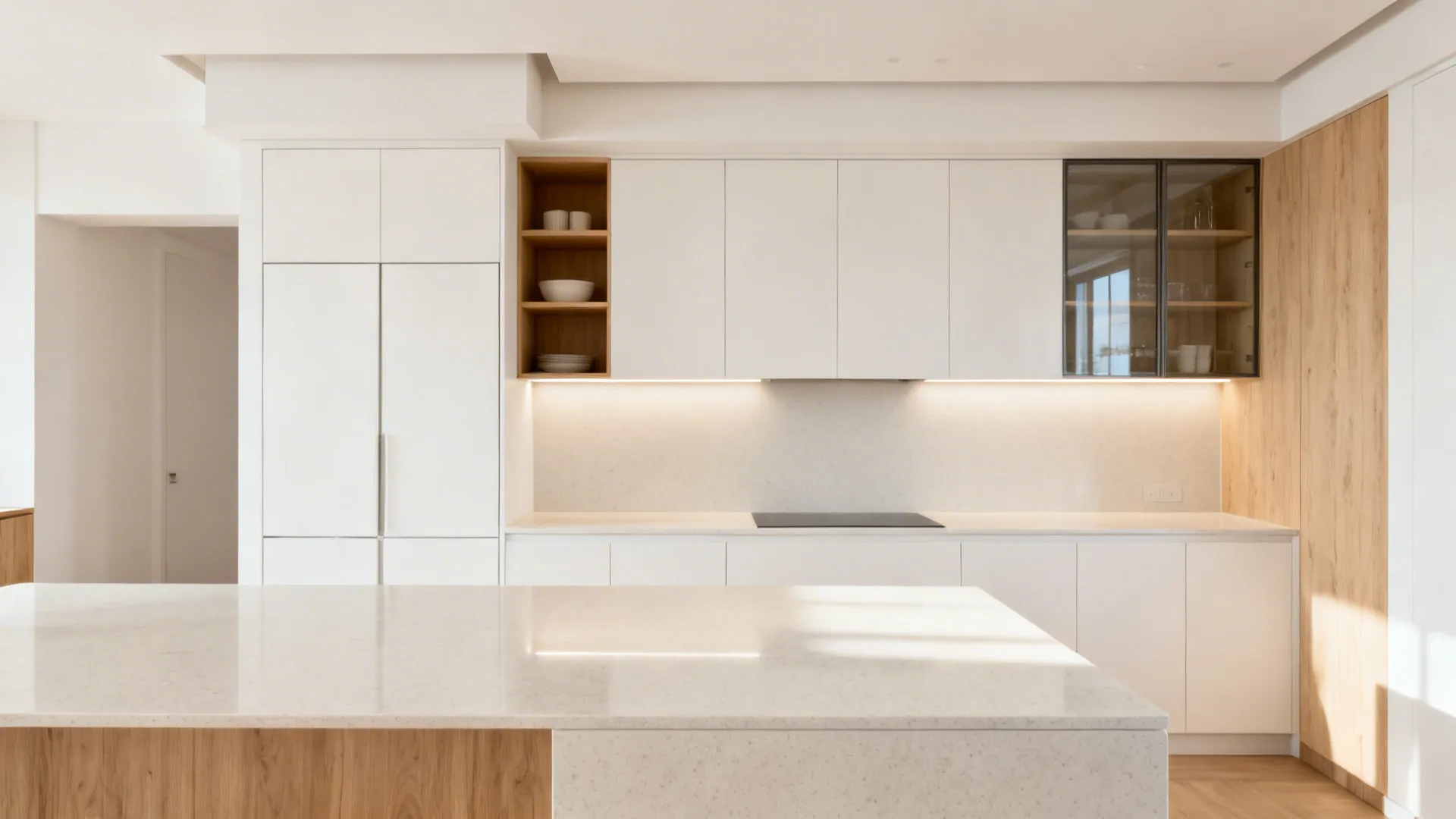 Ceiling-height kitchen cabinets with a stepped-back top tier and mixed open and glass sections.