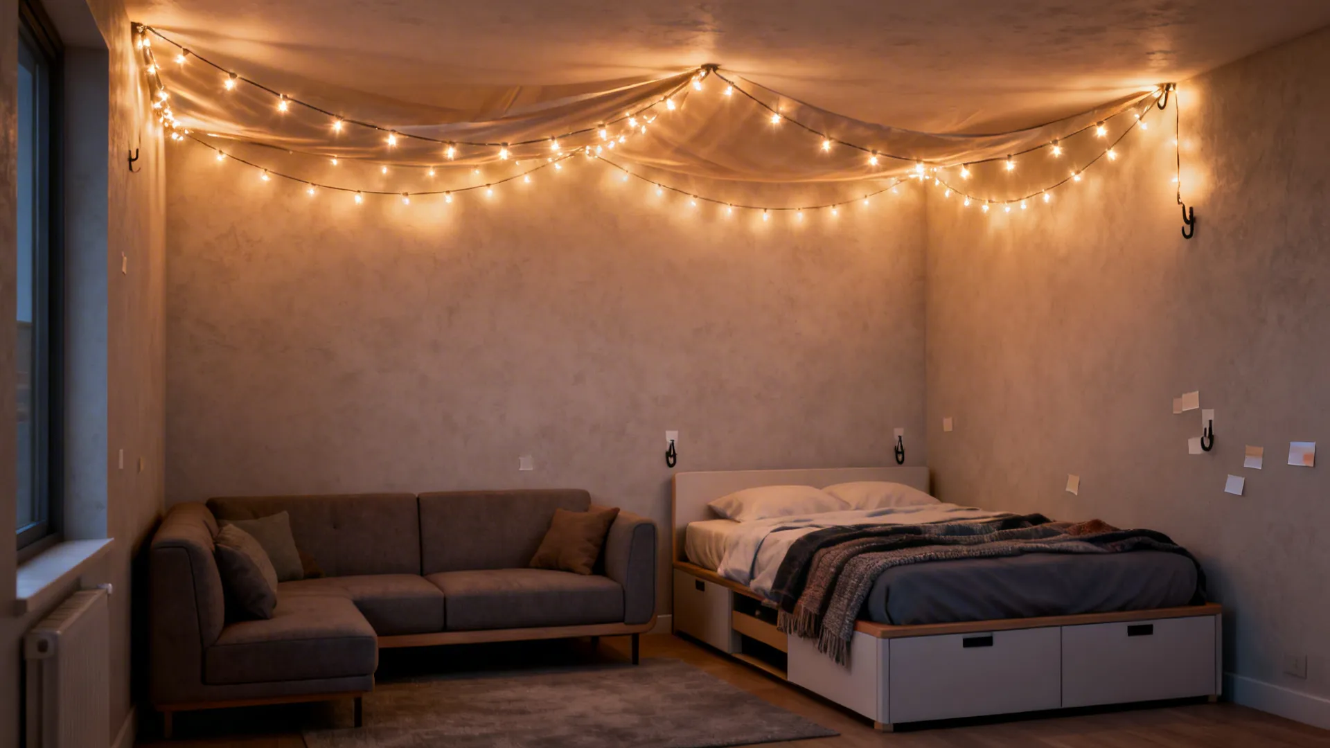 Small studio space with a soft canopy of warm string lights over a sofa and bed.