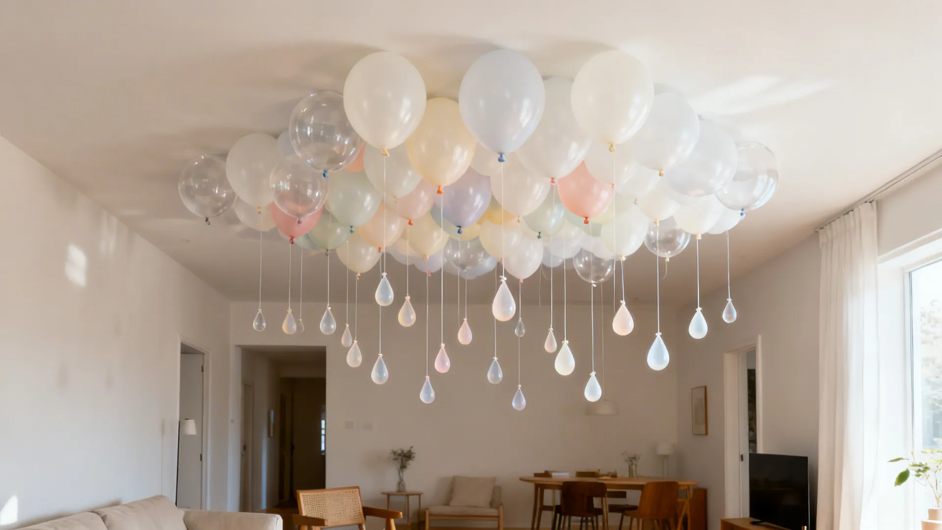 Bright living room with white and pastel balloons covering the ceiling and hanging decorative balloons