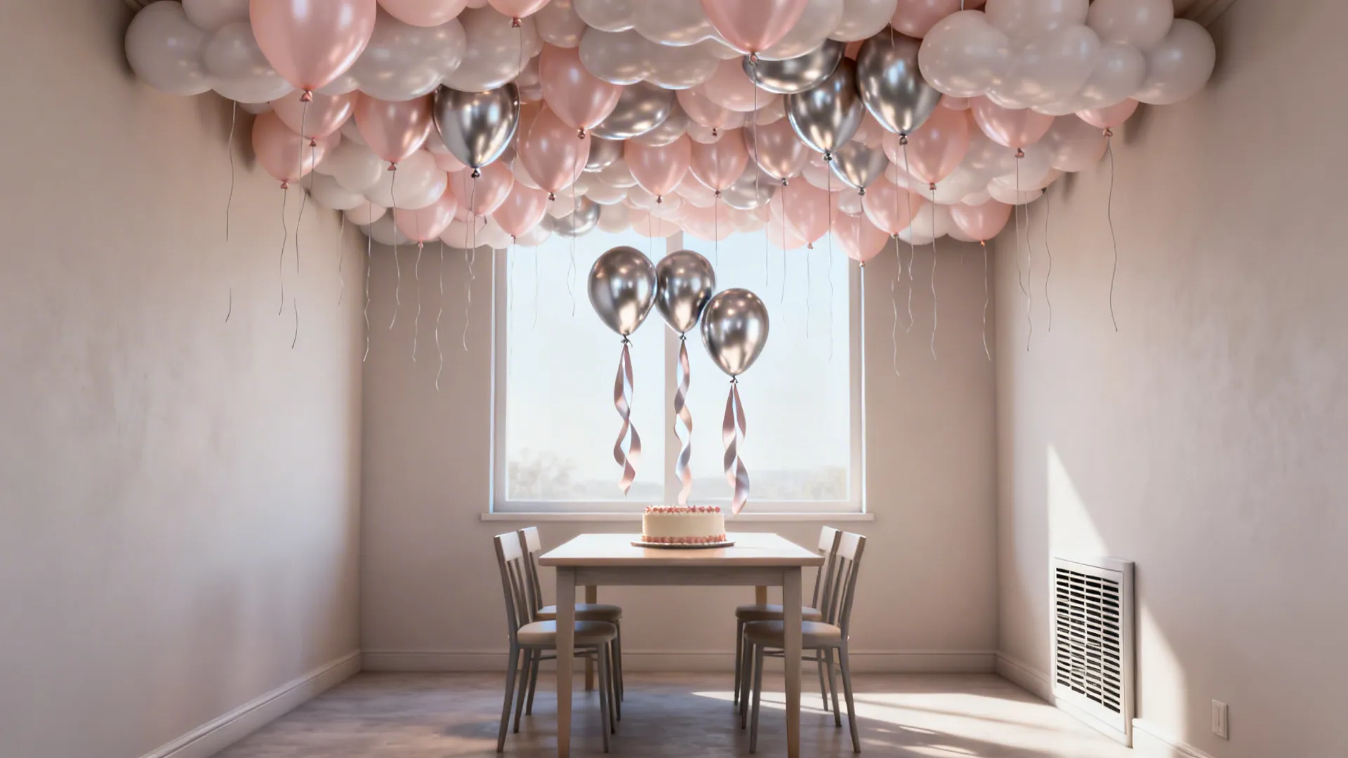 Dining room with white table and chairs decorated with pink white and silver ceiling balloons