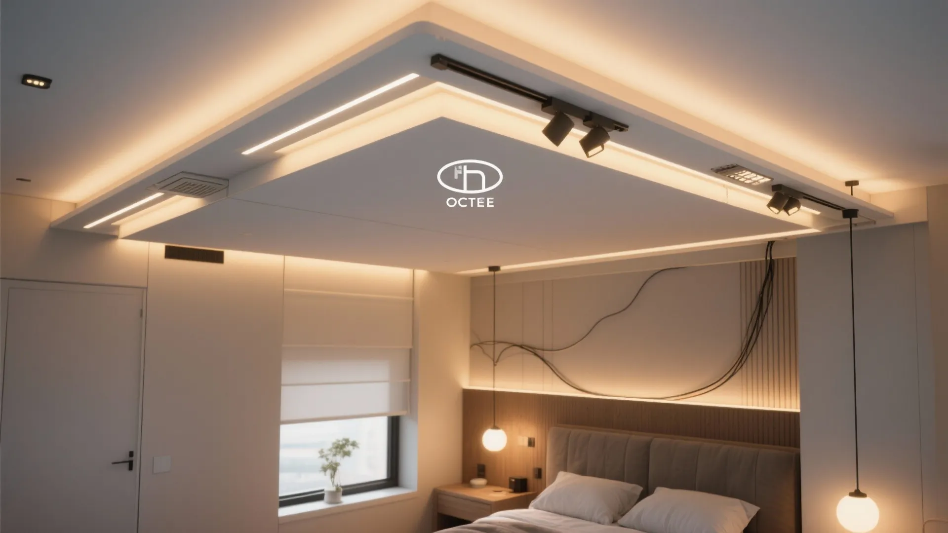 Ceiling-mounted canopy frame fitted with integrated recessed and pendant lighting in a compact bedroom.