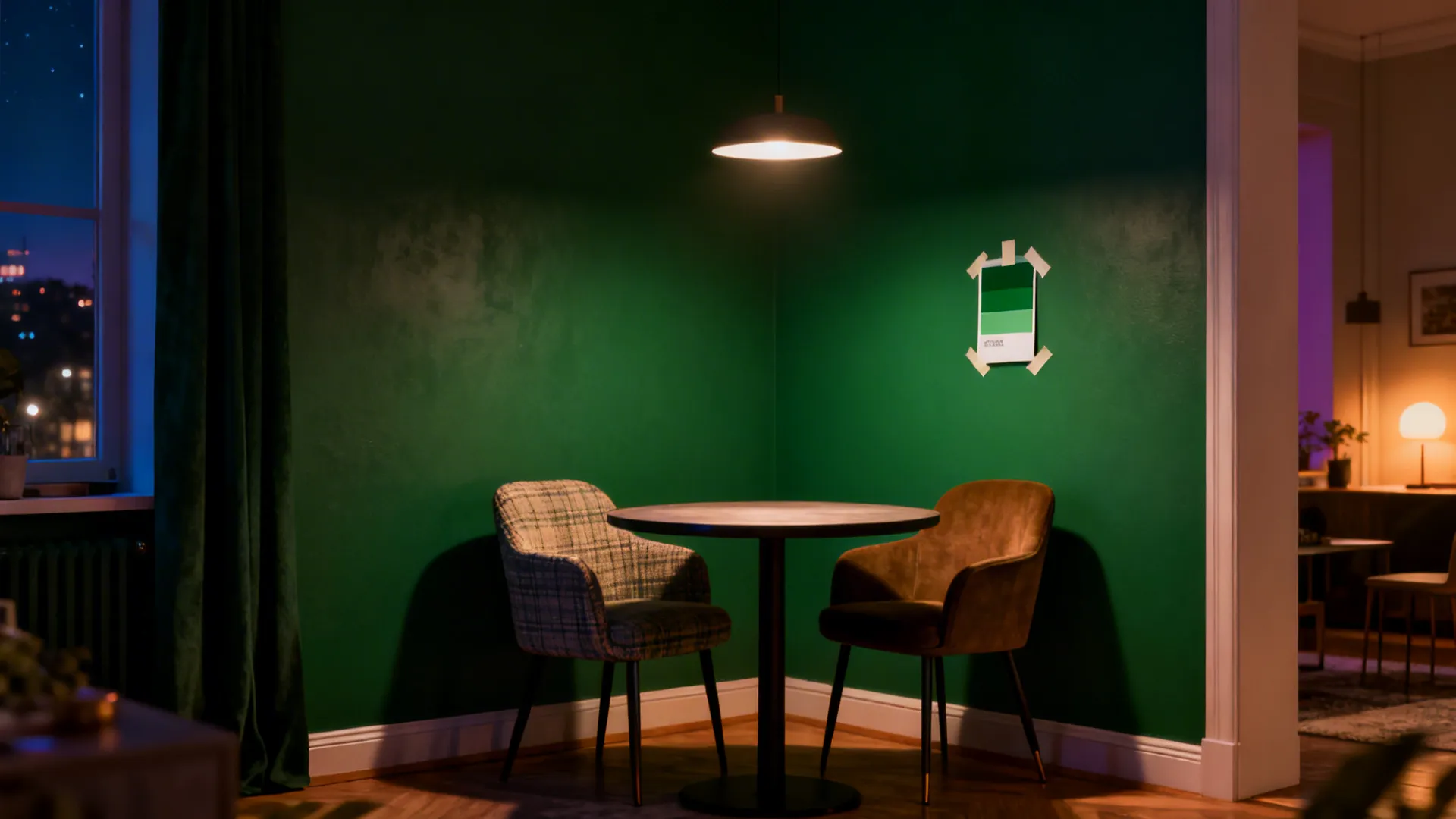 Small dining nook with saturated accent color carried onto the ceiling and warm pendant lighting.