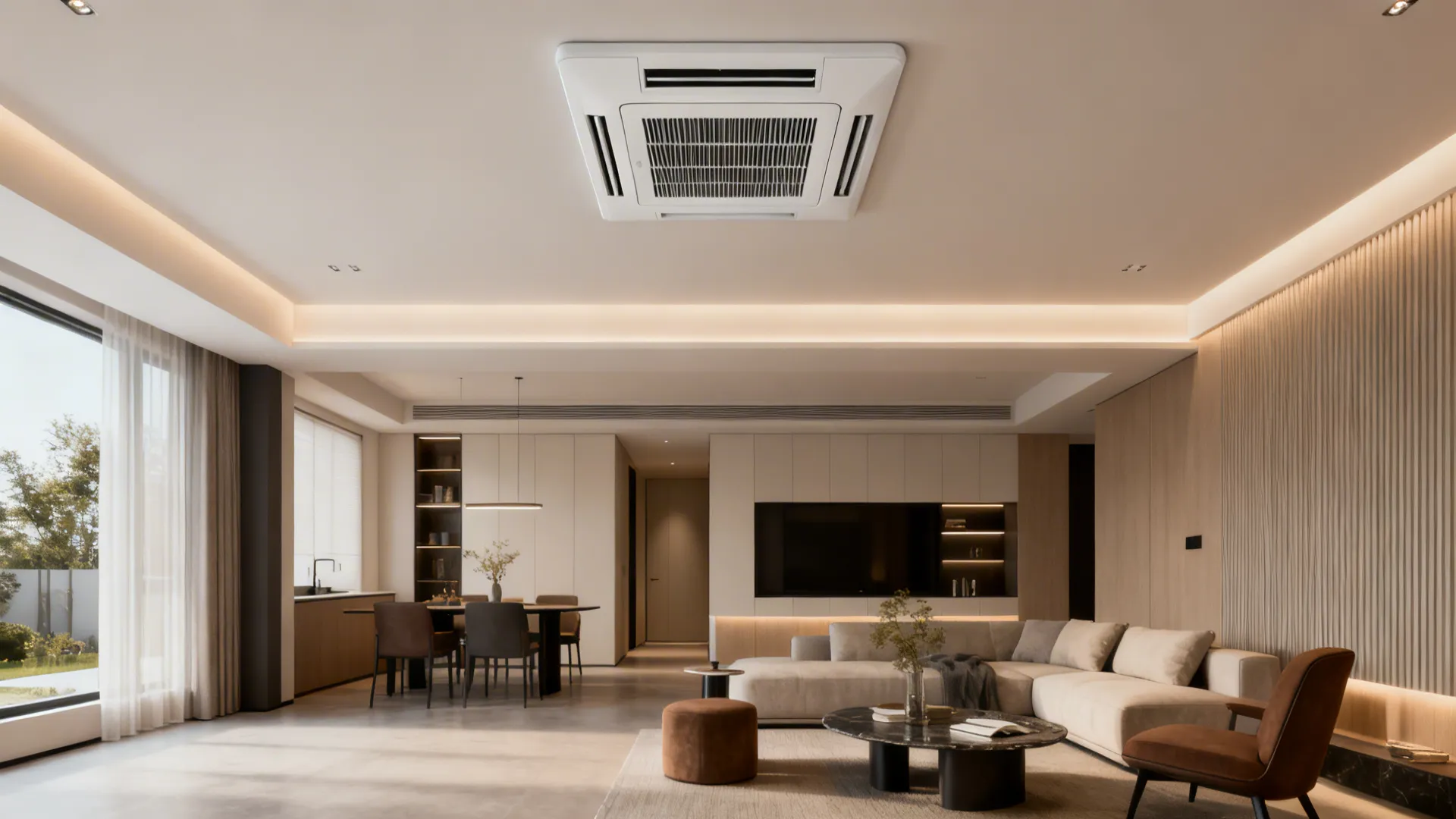 Modern living room with a concealed ceiling cassette integrated into a dropped ceiling bulkhead