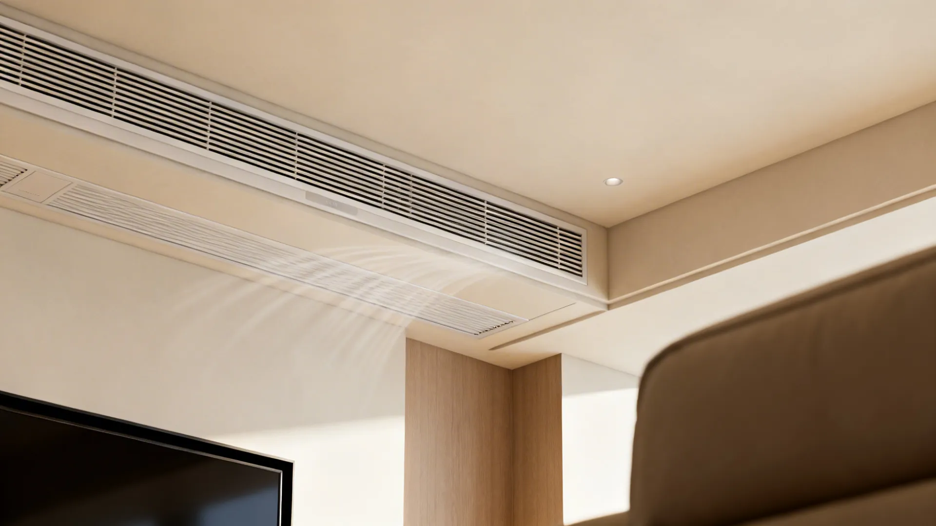 Close-up of a high CADR ceiling cassette AC unit installed in a false ceiling above a living room seating area