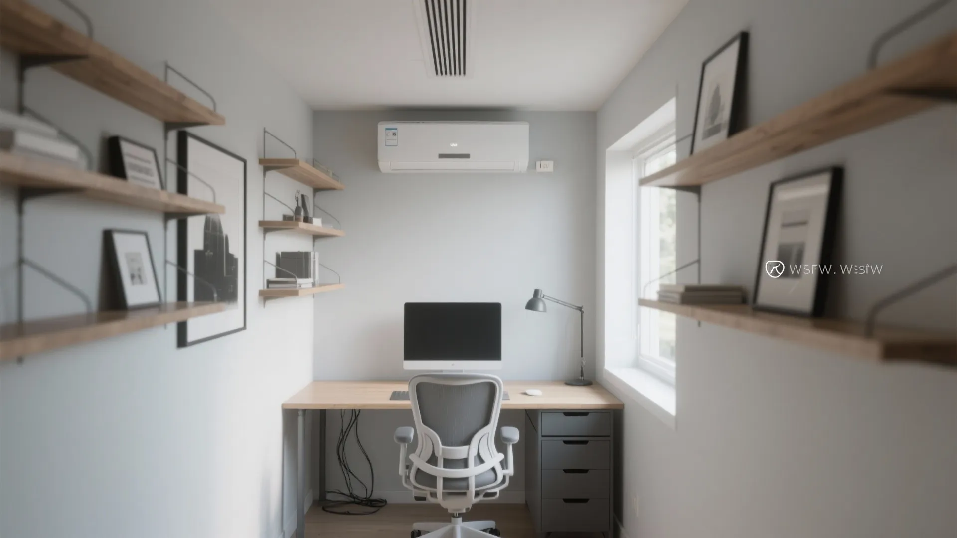 Small home office with a discreet ceiling cassette keeping walls clear for storage and art.