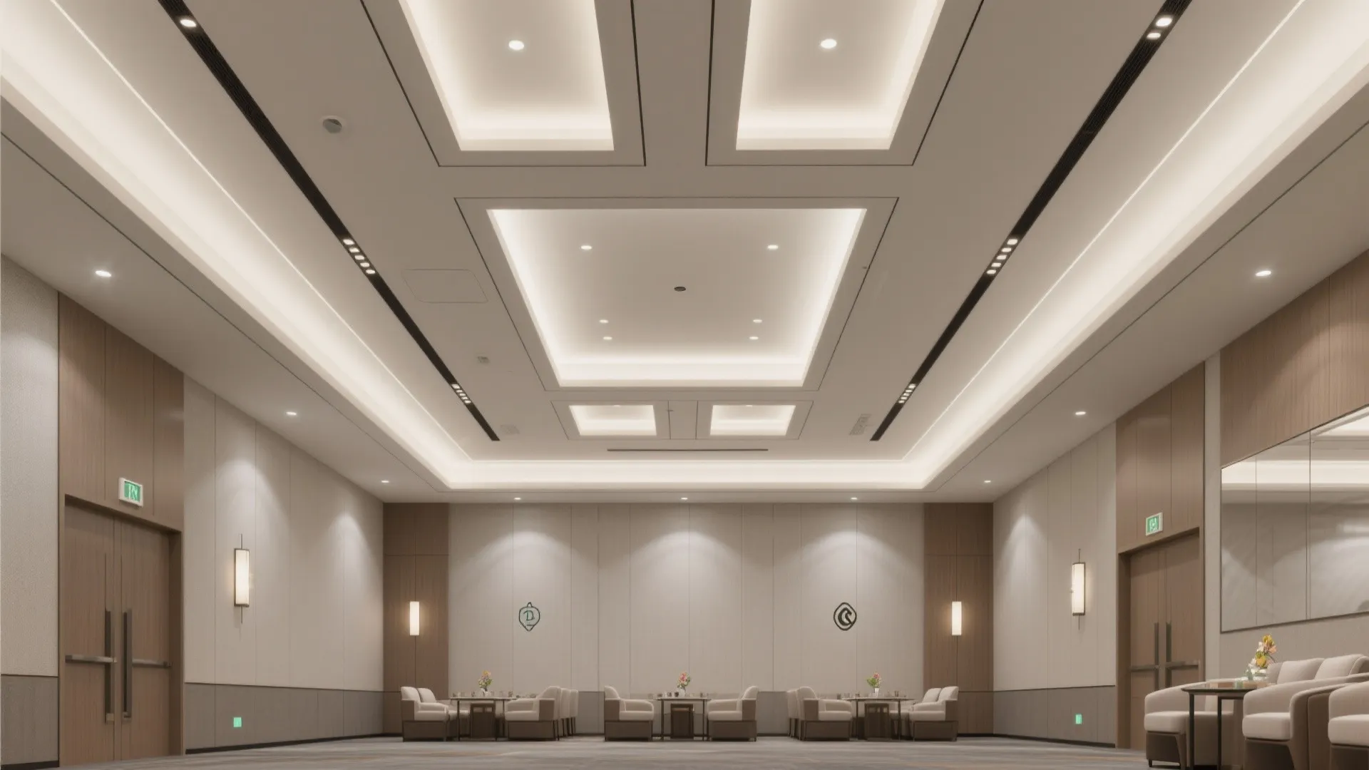 Large meeting room with square recessed ceiling light fixtures wall lights grey carpet and seating areas