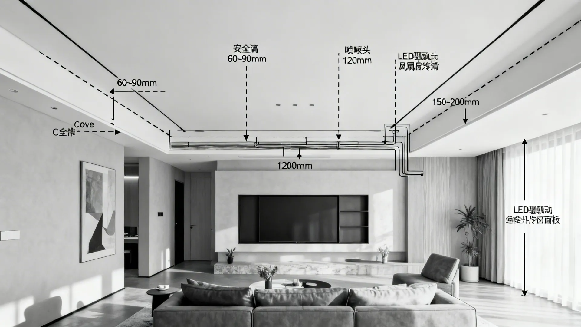 Top-down ceiling diagram marking drops, fan clearance, and sprinkler keep-out zones.
