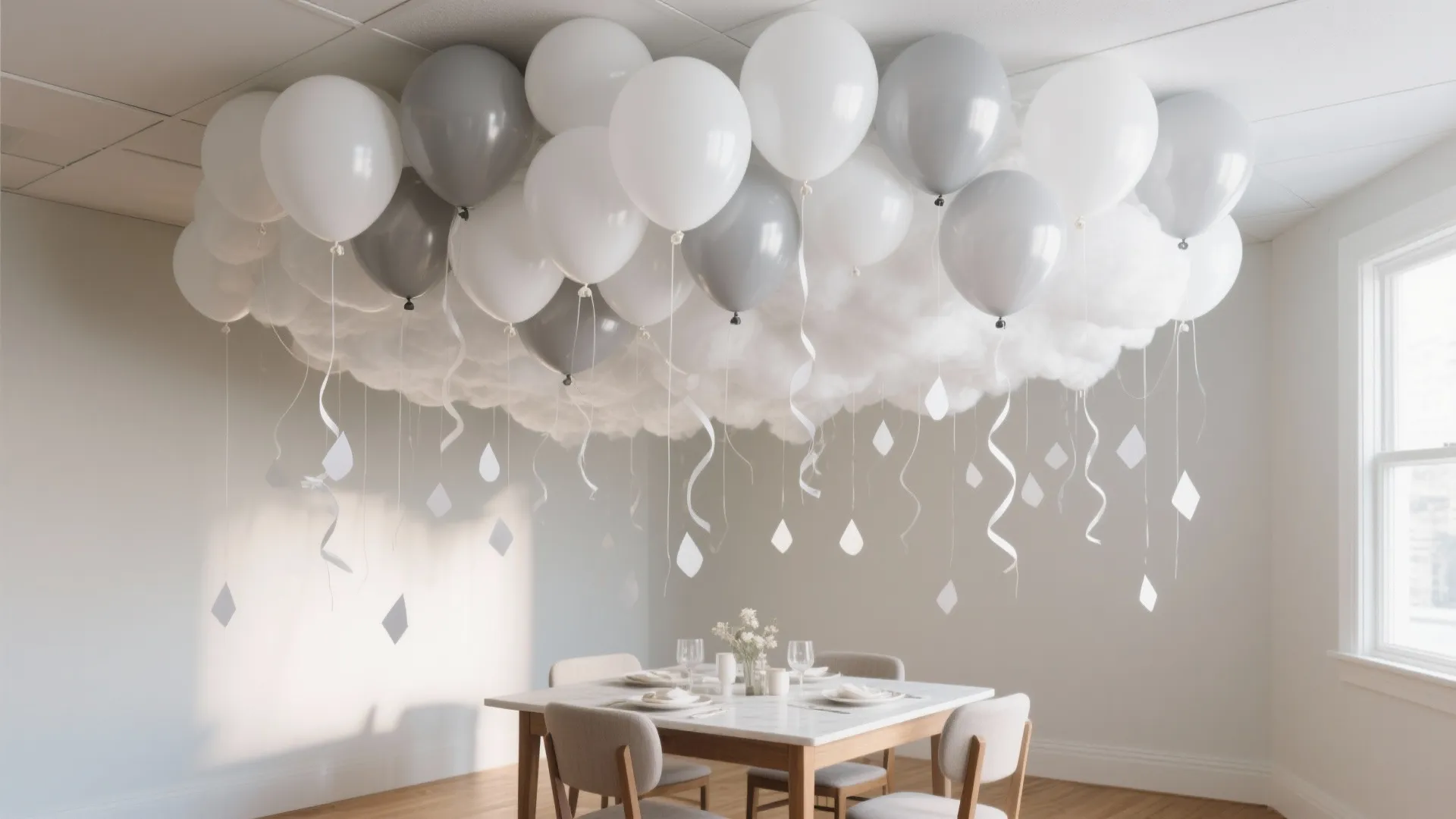 White and grey balloons hanging from ceiling above dining table to look like rain clouds