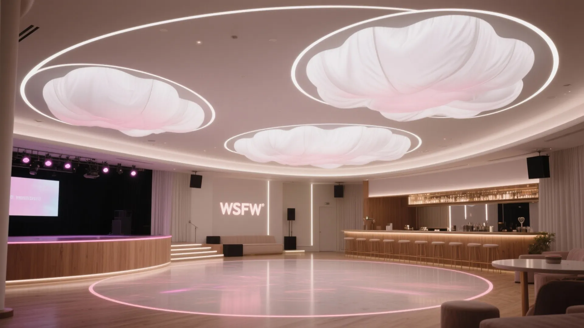 Large event hall with white cloud ceiling lights wood bar counter and circular pink dance floor