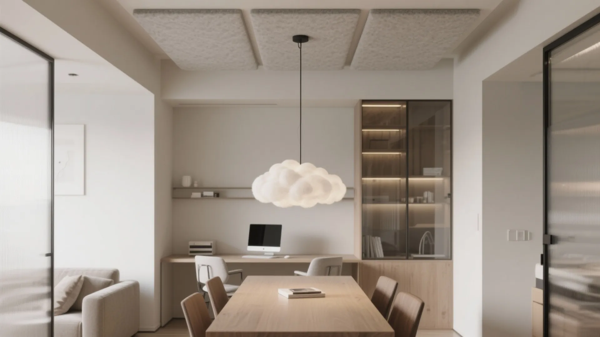 Small workstation with a slim three-panel acoustic ceiling cloud and integrated pendant light.