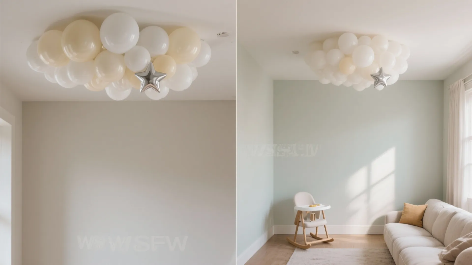 Before and after view of white balloon ceiling decoration in nursery with chair and sofa