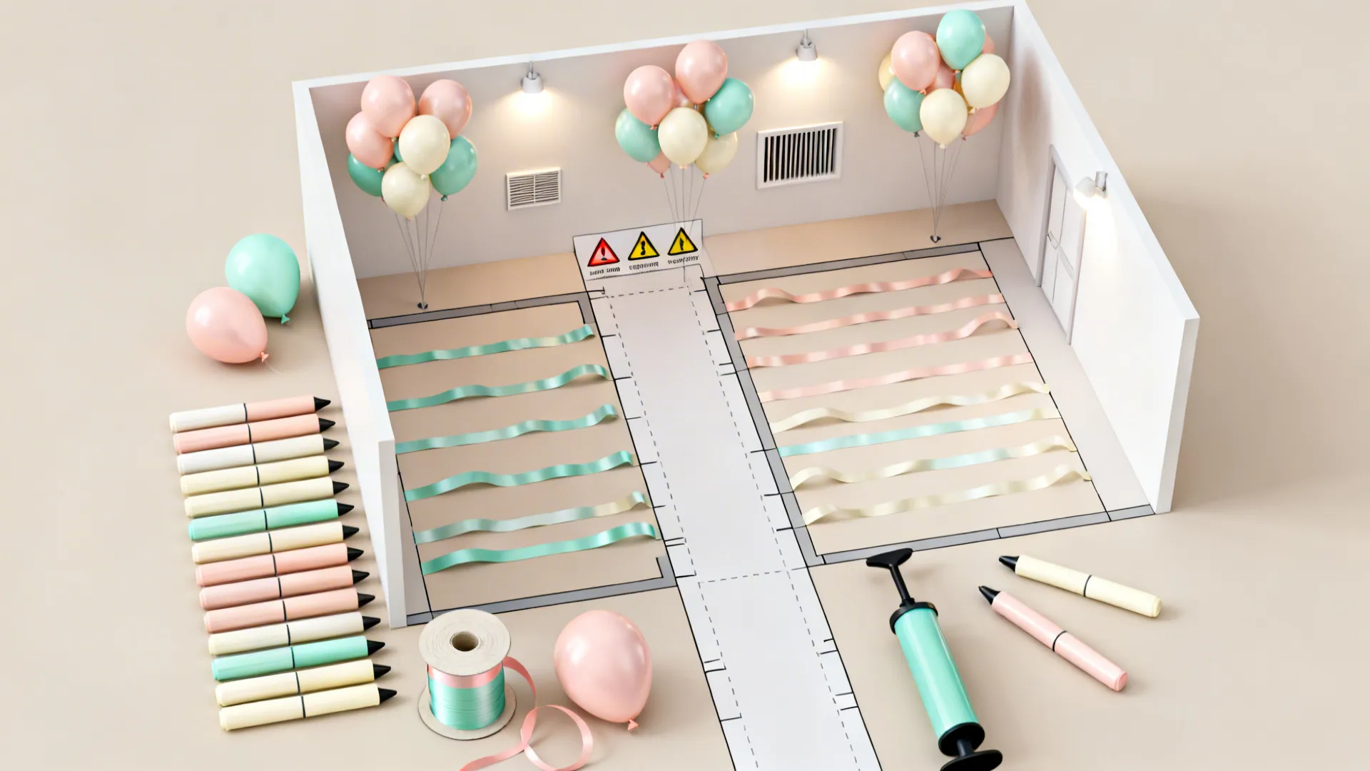 Top-down layout showing spacing for ceiling balloons and clear walkways with staggered ribbons.