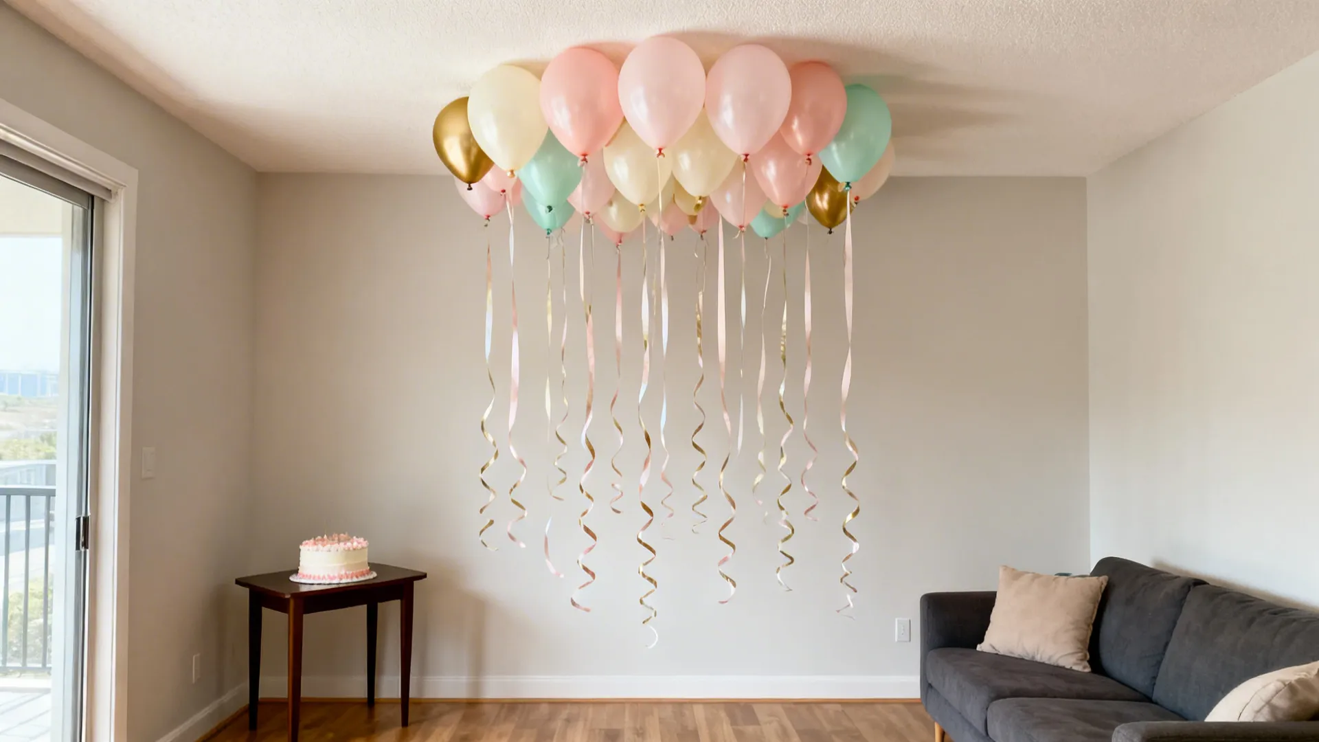 Ceiling balloon cluster with curly ribbons creating a festive cloud effect in a small room.