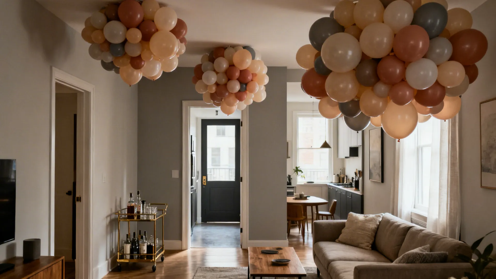 Living room with sofa and drink cart featuring large colorful balloon clusters on the white ceiling