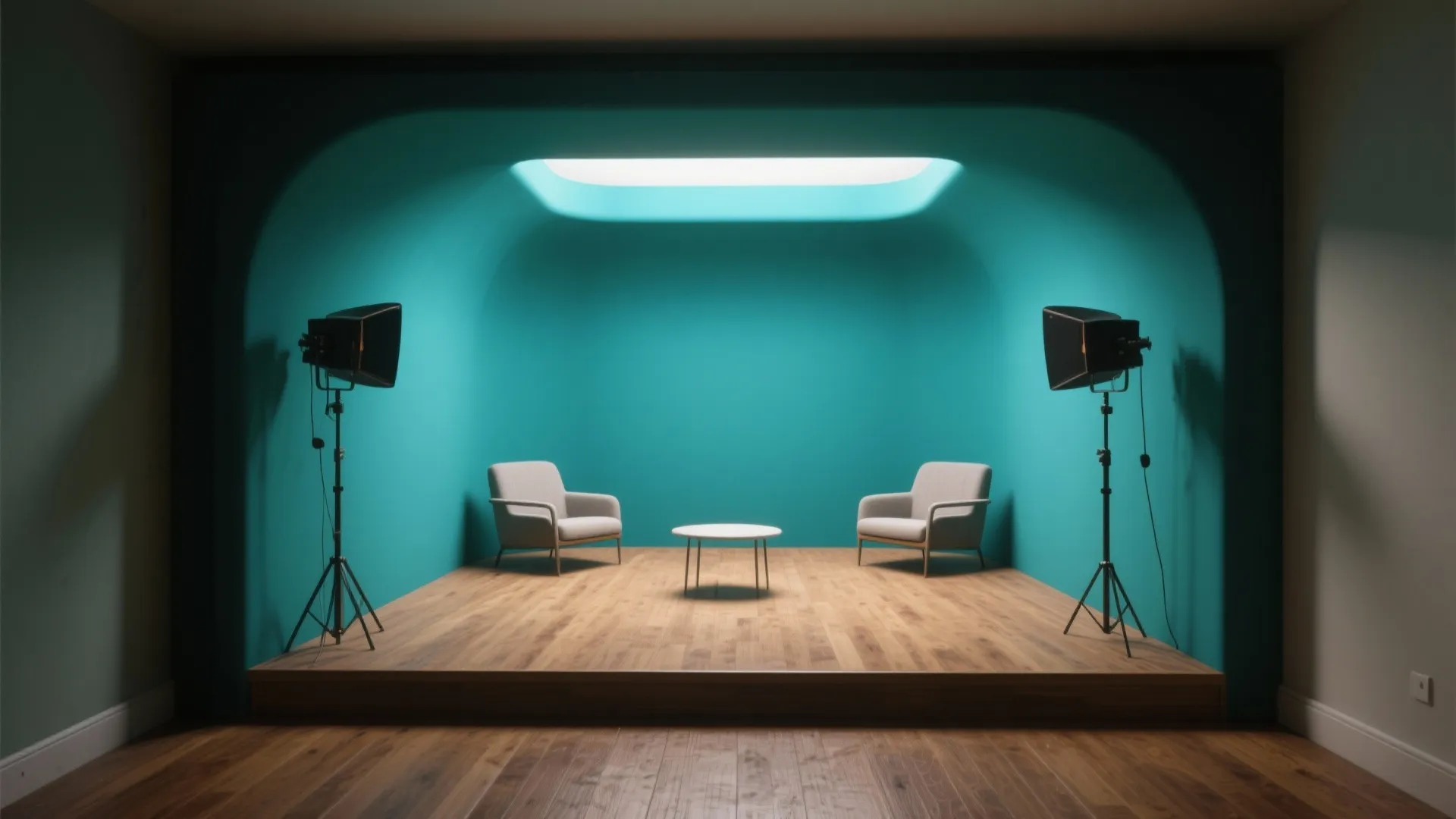 Modern studio set with two grey chairs coffee table wood floor and blue curved wall