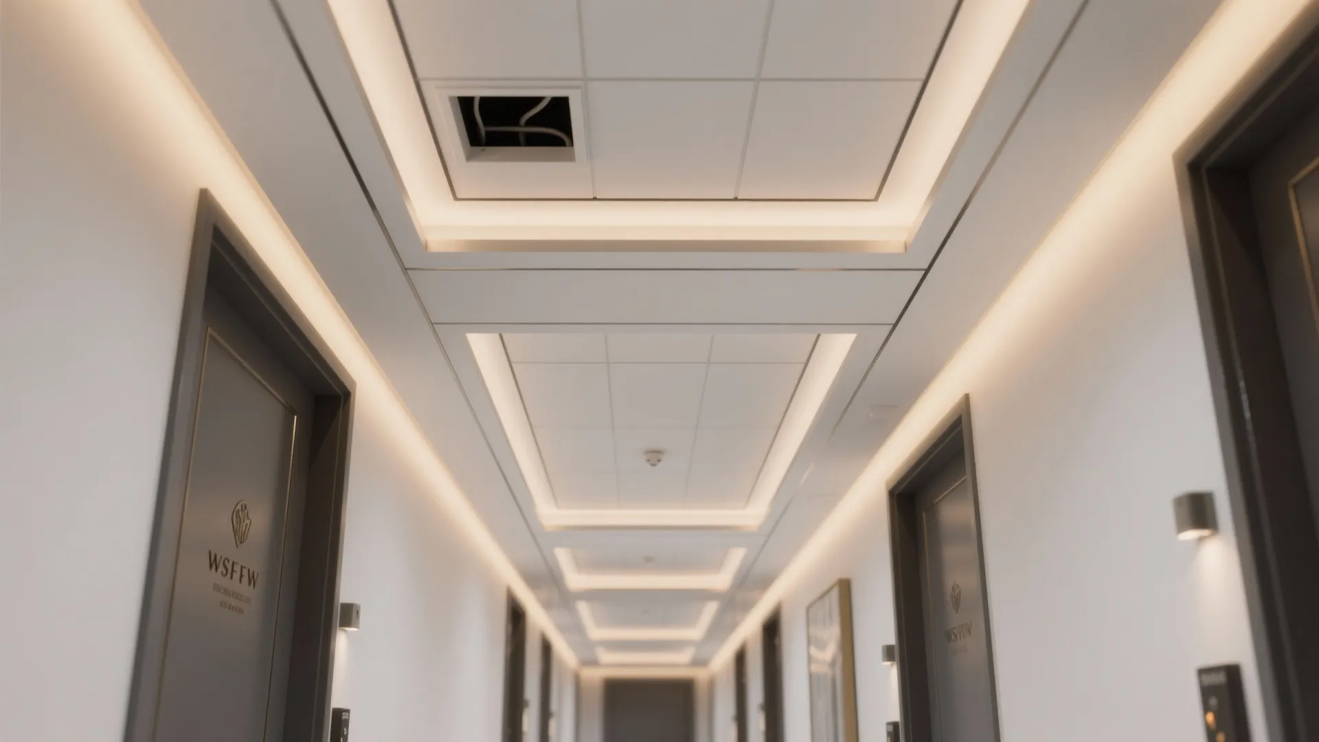 Ceiling Panels With Hidden Channels and Soft Coffers