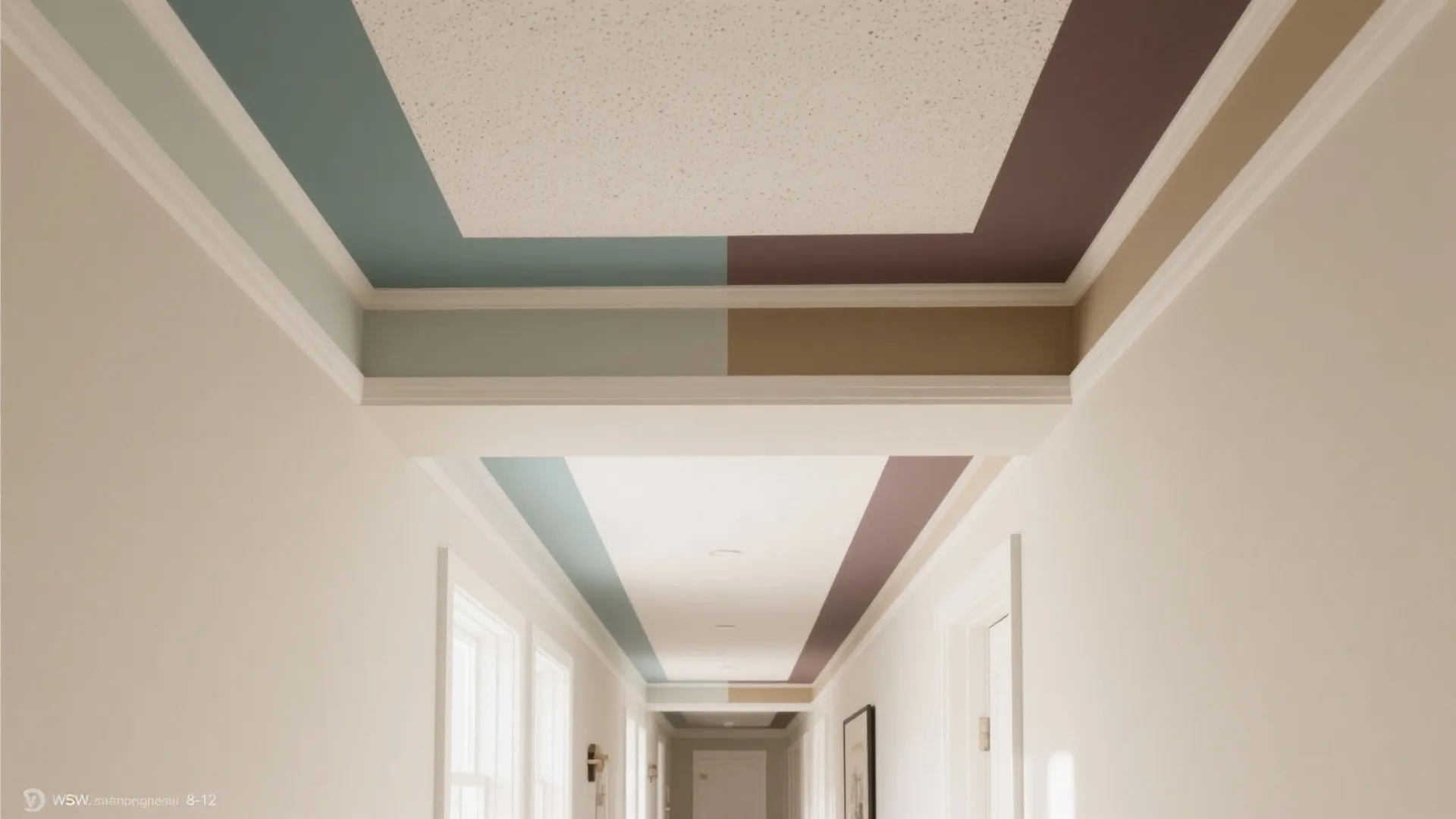 Before-and-after of a hallway ceiling with subtle darker edge bands and a lighter center.