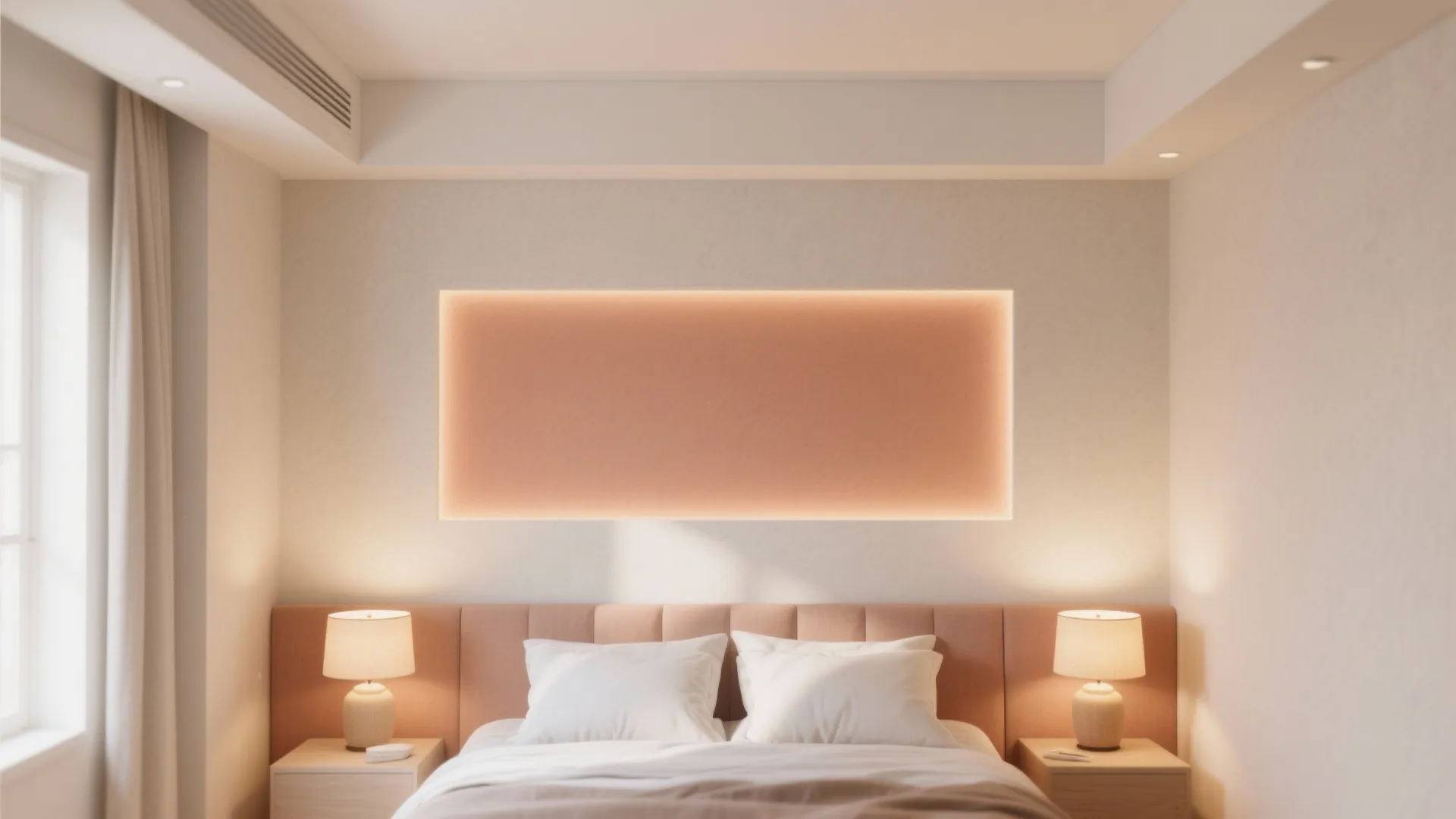 Modern bedroom with warm orange wall panel behind bed and two bedside lamps on tables
