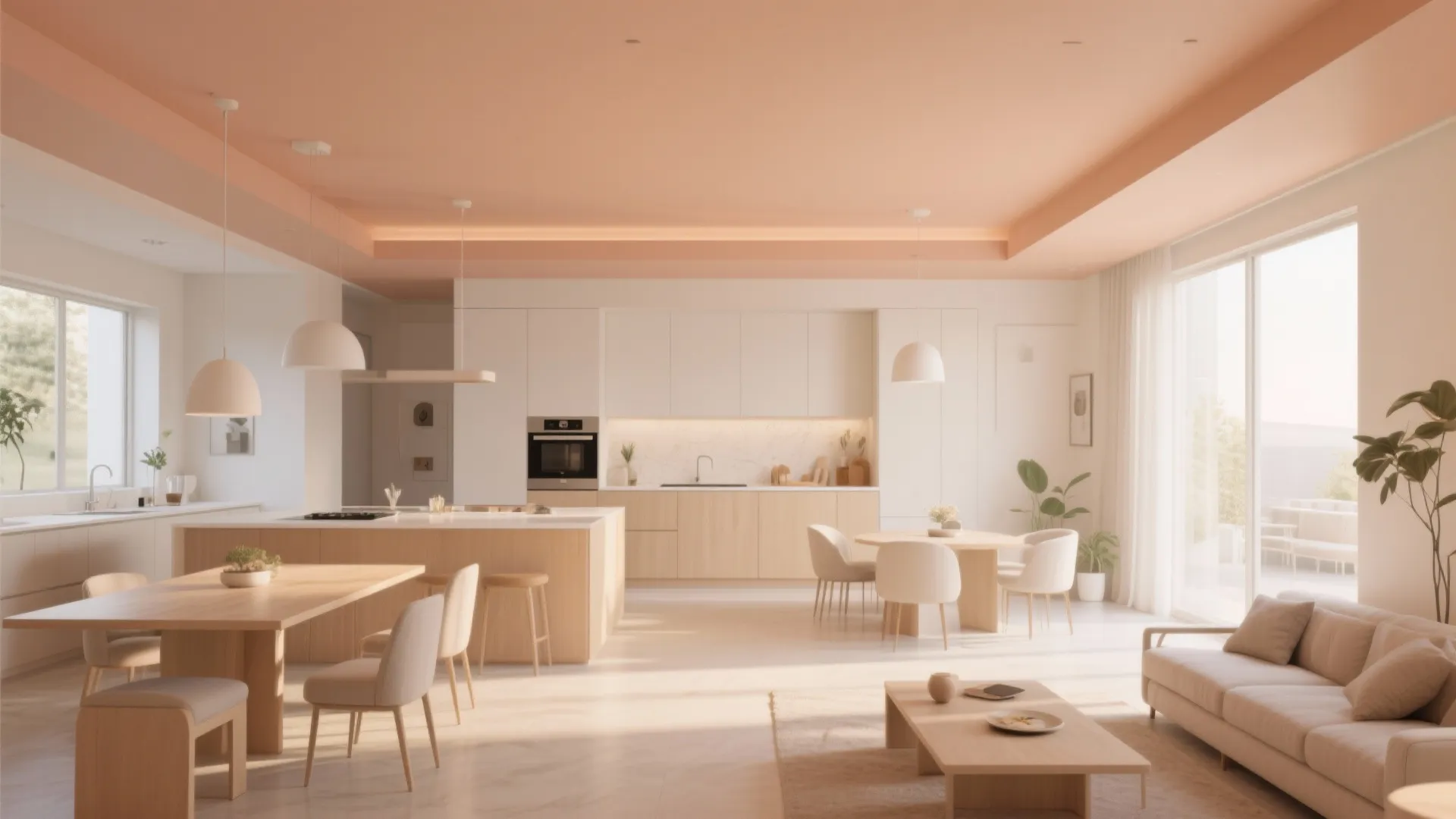 Unified ceiling color connecting kitchen and living spaces