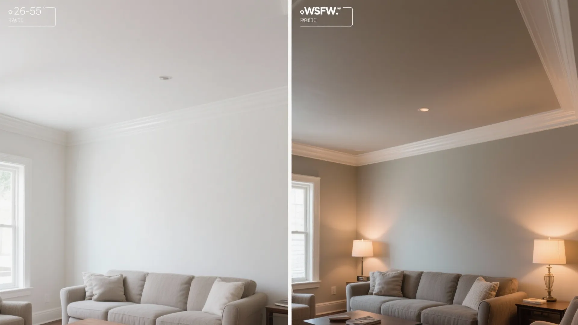 Side by side comparison of bright white room lighting versus warm soft light in living room