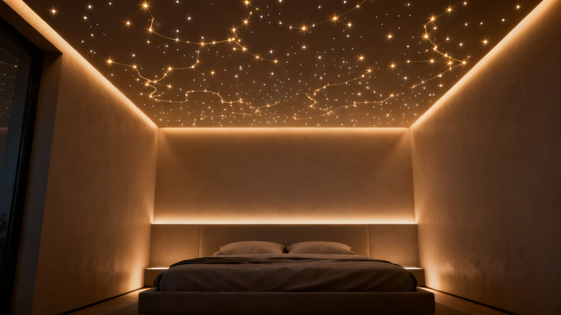 Bedroom ceiling with tiny pin-point LED lights forming a star-like constellation