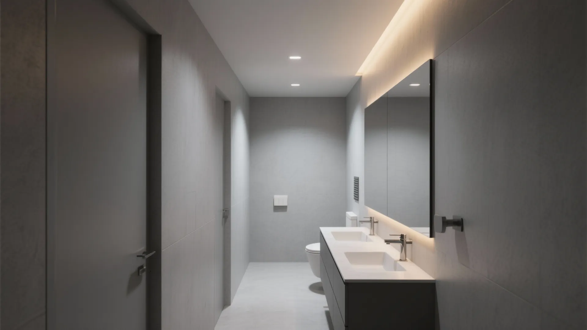 Modern grey bathroom with double sinks large mirror warm light fixture and white tiled floor design