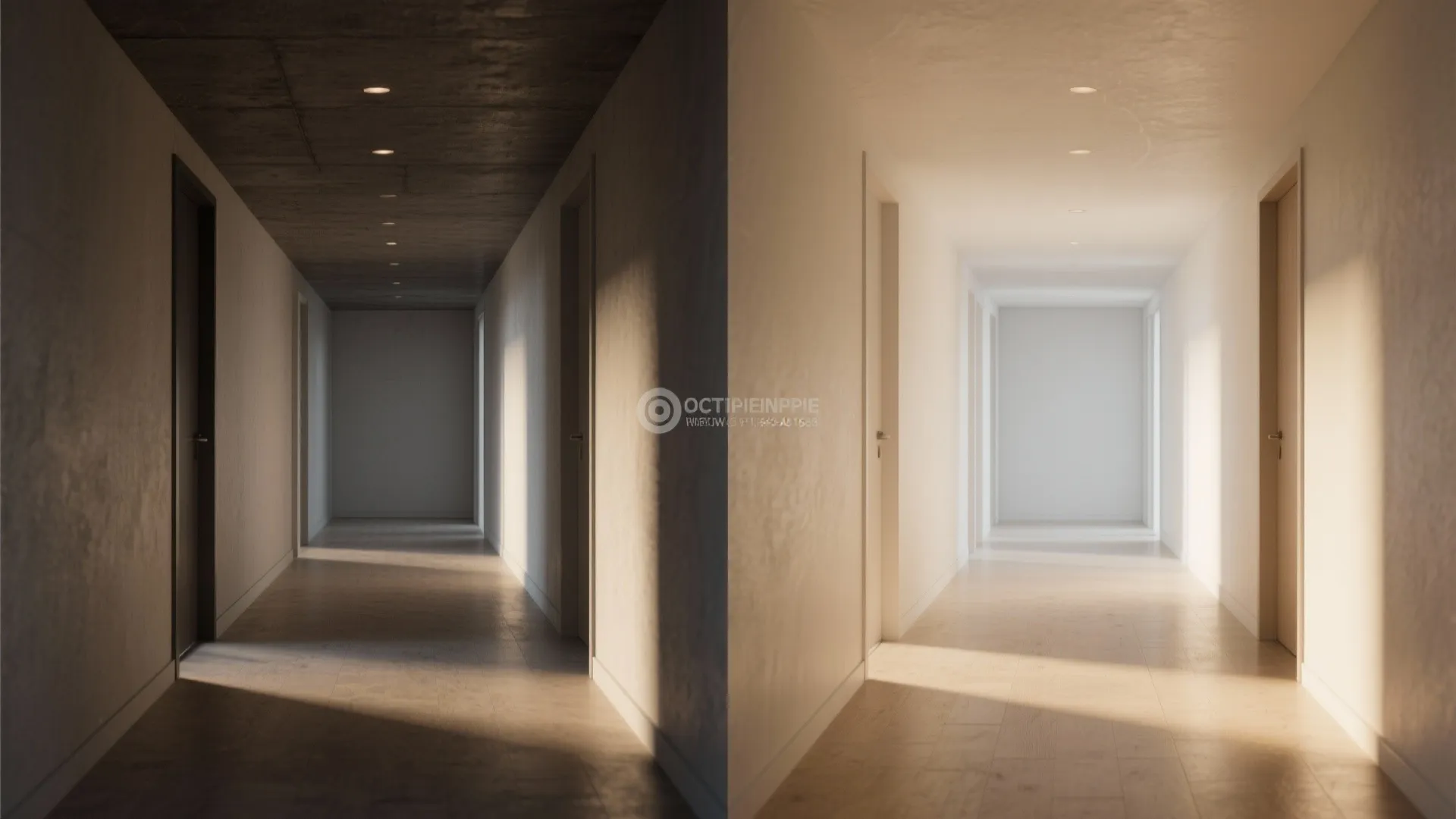 Side by side comparison of a dark concrete hallway versus a bright white hallway design